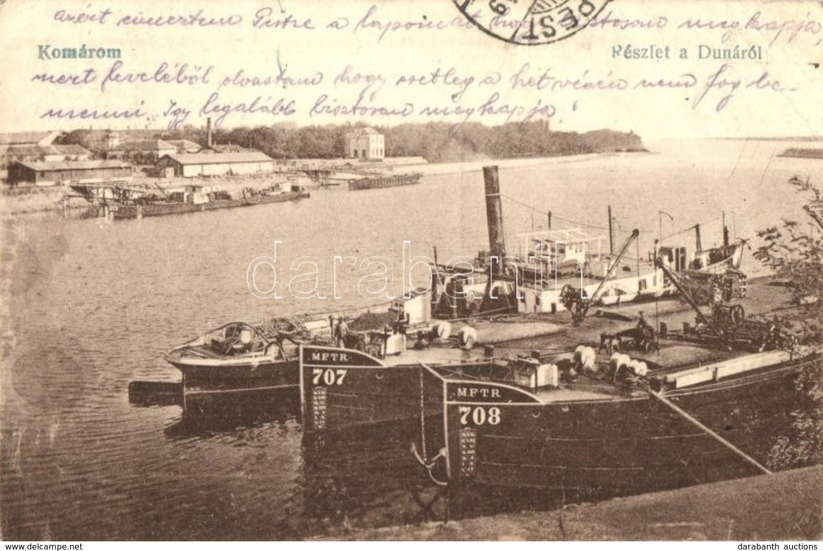 T2/T3 Komárom, Komárnó; Részlet A Dunáról, MFTR 707 és 708 Uszályok / Port, Barges (EK) - Ohne Zuordnung