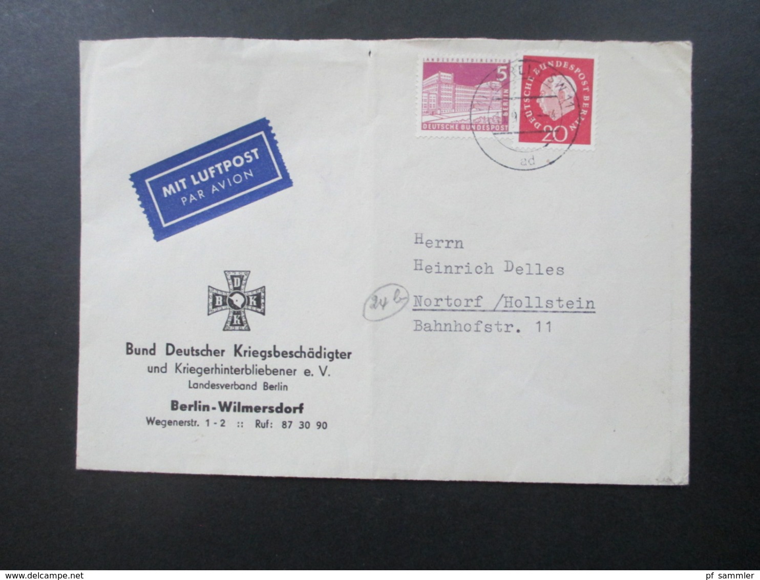 Berlin 1960 Bund Deutscher Kriegsbeschädigter Und Kriegerhinterbliebener Landesverband Berlin Luftpost Nach Nortdorf - Brieven En Documenten