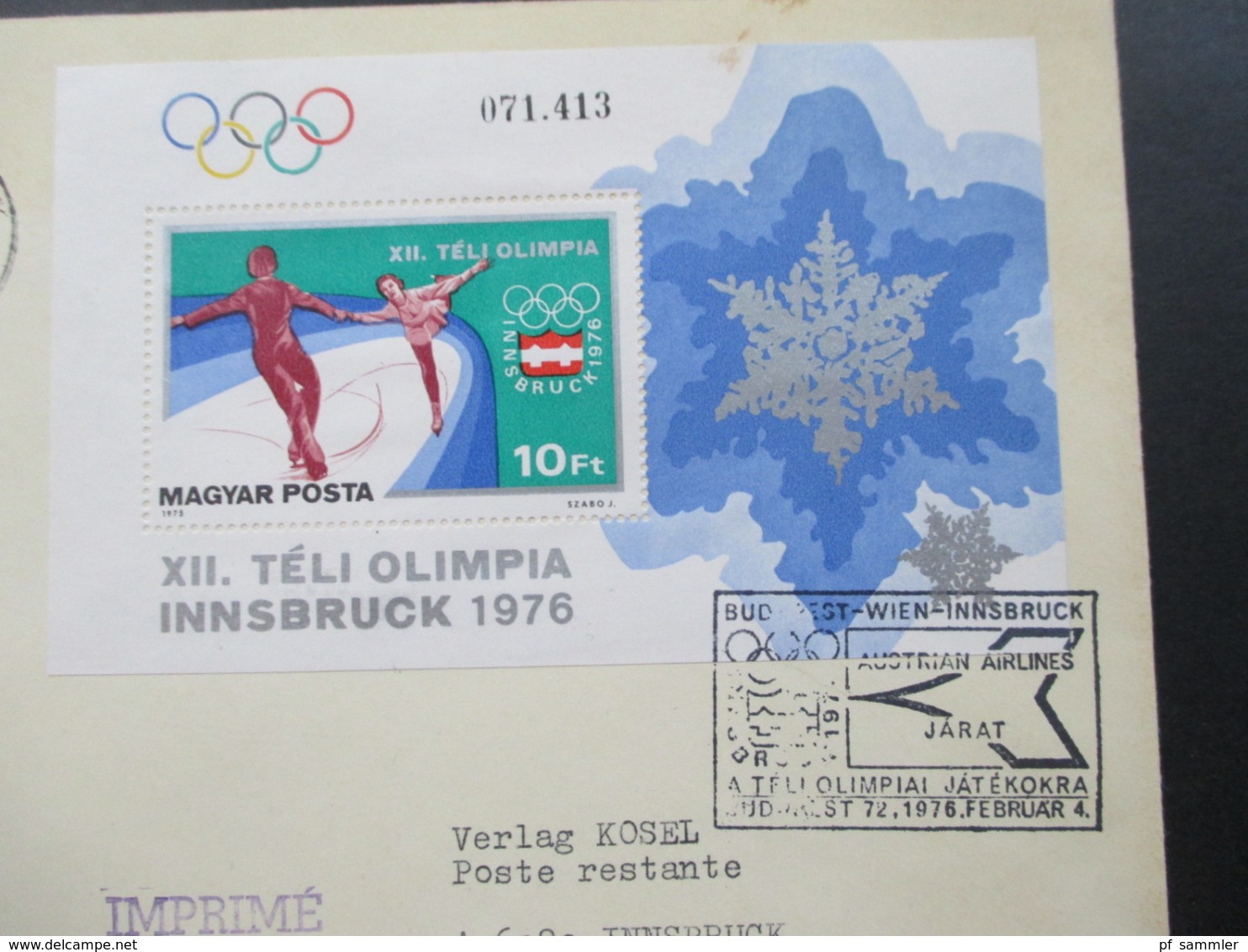 Ungarn 1975 Block 116 A Olympische Winterspiele Luftpost / Express Brief Mit SST Austrian Airlines Jarat Nach Innsbruck - Lettres & Documents