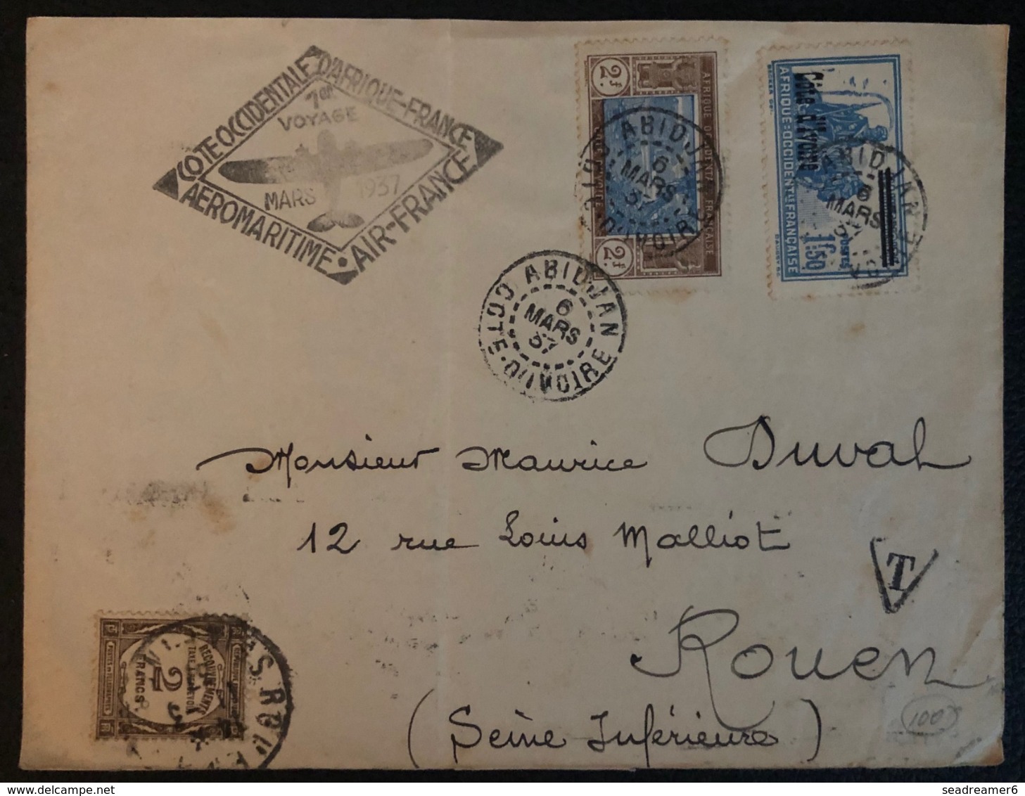 France Colonies Cote D'ivoire Lettre 1er Vol Aeromaritime Mars 1937 N°56 & 101 Pour Rouen Taxée Avec N°62 RR - Covers & Documents