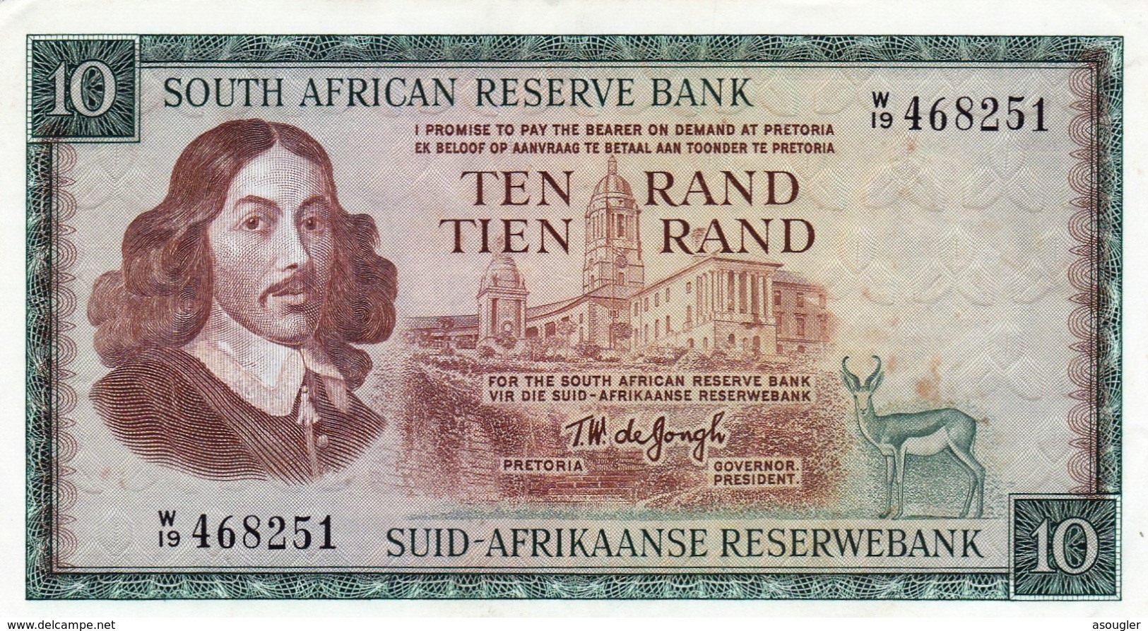 SOUTH AFRICA 10 RAND ND (1975) EXF-AU REPLACEMENT PREFIX "W" P-113c RARE NOTE "Free Shipping Via Registered Air Mail" - Südafrika