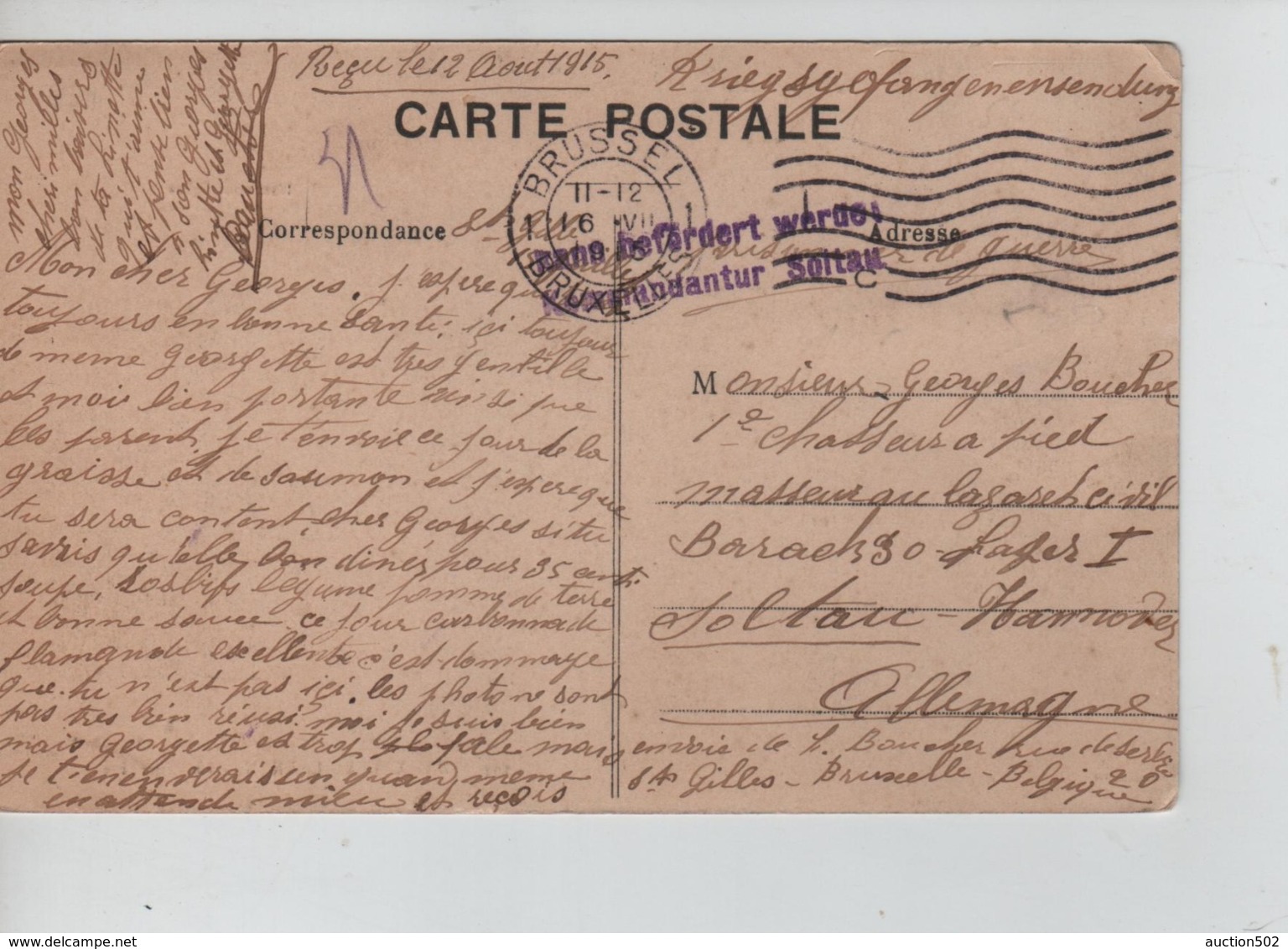 PR7449/ CP Crypte Royale écrite De St.Gilles PDG-POW-KFS Interné C.BXL 1915 > Soltau Censure Geprüft - Prisonniers