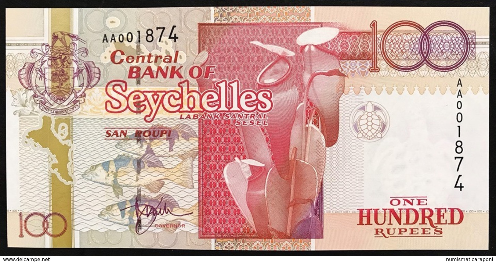 Seychelles 100 RUPEES  1998 Pick#39 AA PREFIX UNC 001874  LOTTO 2952 - Seychelles