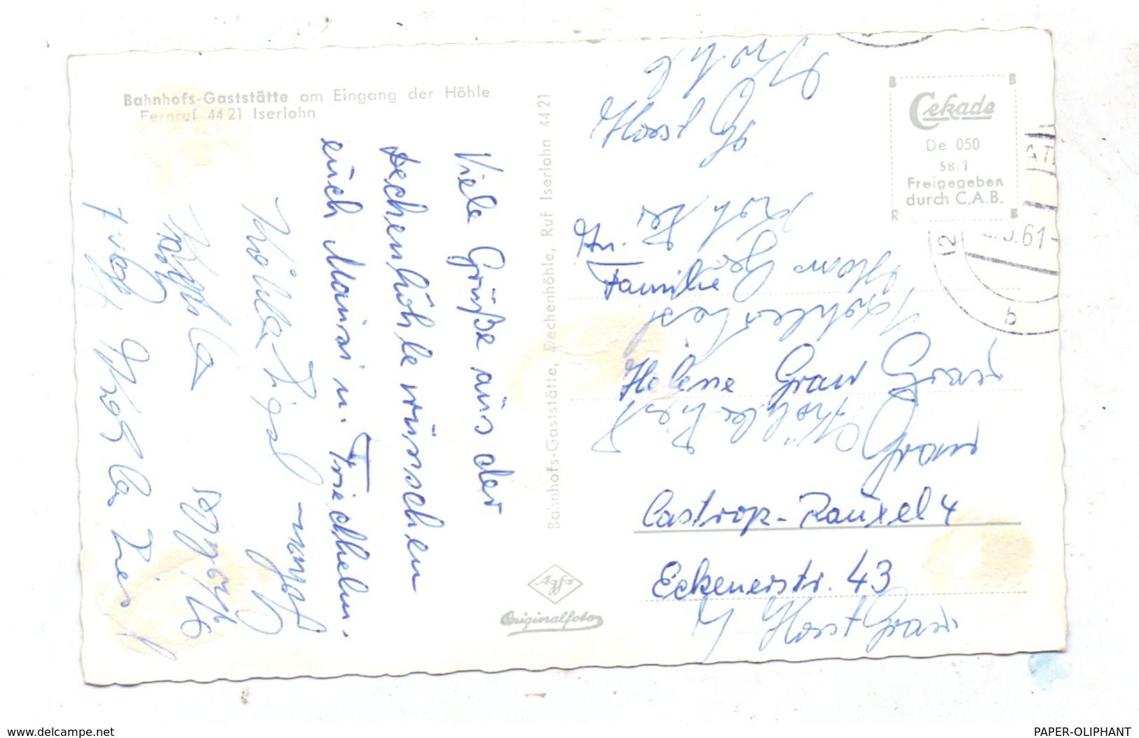 5860 ISERLOHN - GRÜNE, Luftaufnahme, Rücks. Kl. Klebereste, 1958 - Iserlohn