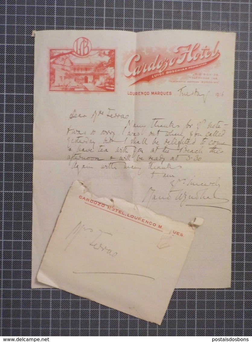 Cx 12) Ephemera LETTRE ET ENVELOPE CARDOZO HOTEL LOURENÇO MARQUES Mozambique 1916 - Perrier