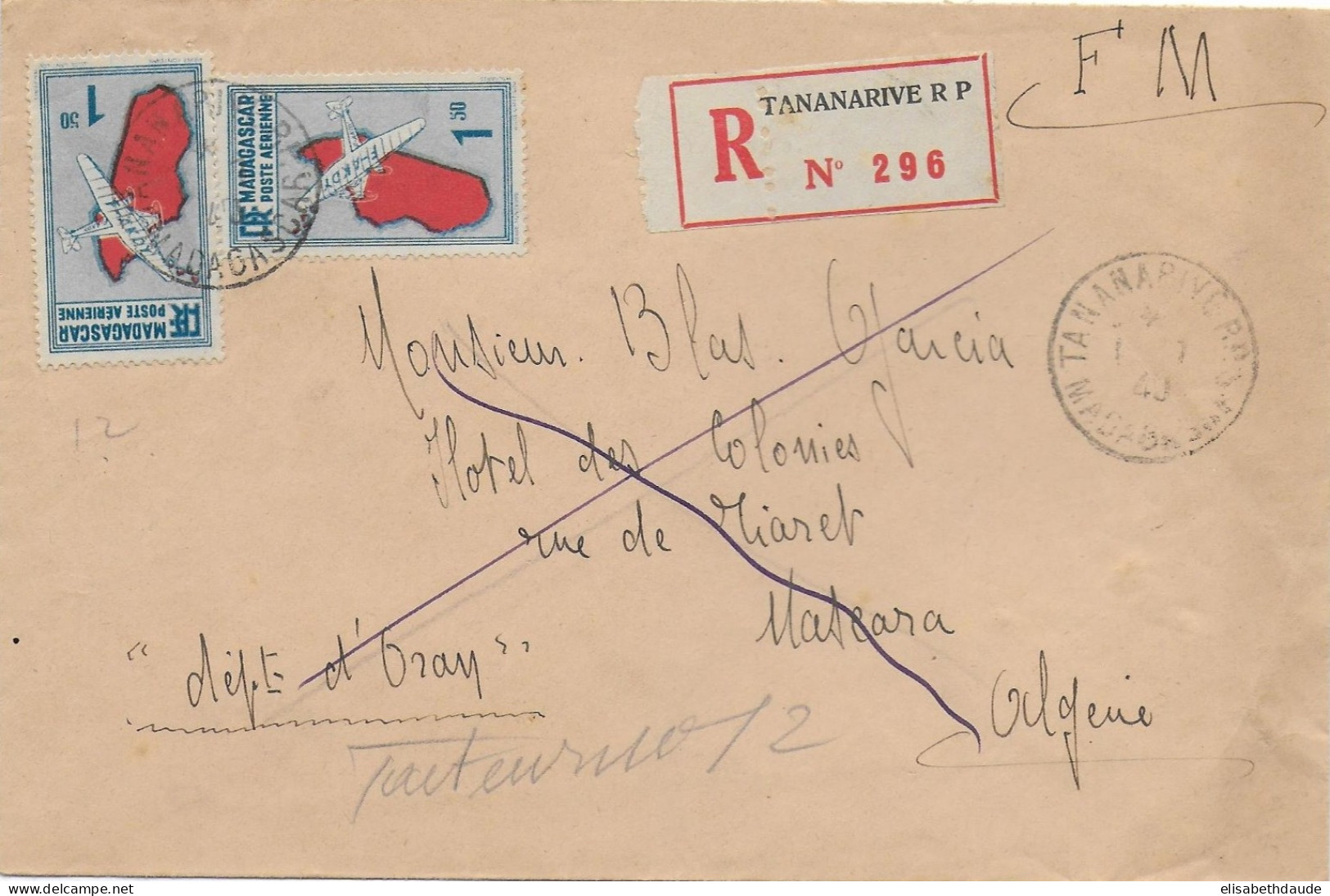 MADAGASCAR - 1940 - ENVELOPPE FM RECOMMANDEE De La GENDARMERIE De TANANARIVE (VOIR DOS) => MASCARA (ALGERIE) ! - Briefe U. Dokumente