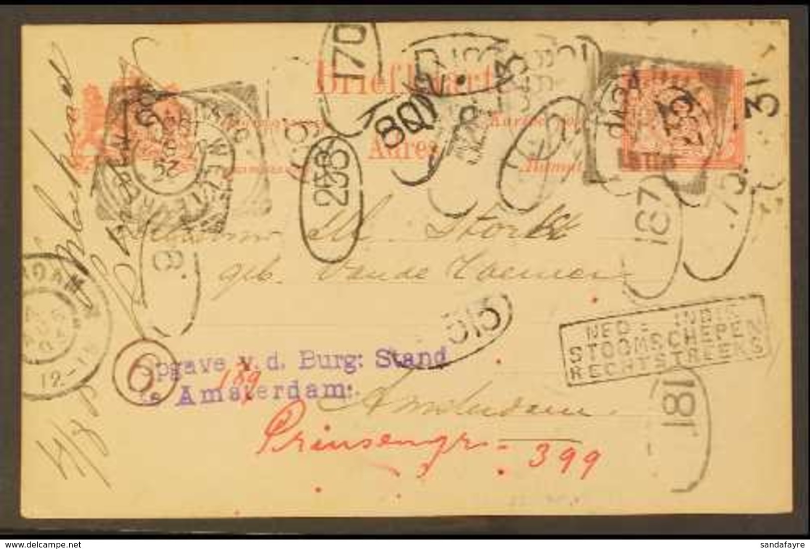 NETHERLANDS INDIES 1903 5c Postal Stationery Card Addressed To Amsterdam, Much Redirected And Showing About TWENTY FIVE  - Andere & Zonder Classificatie