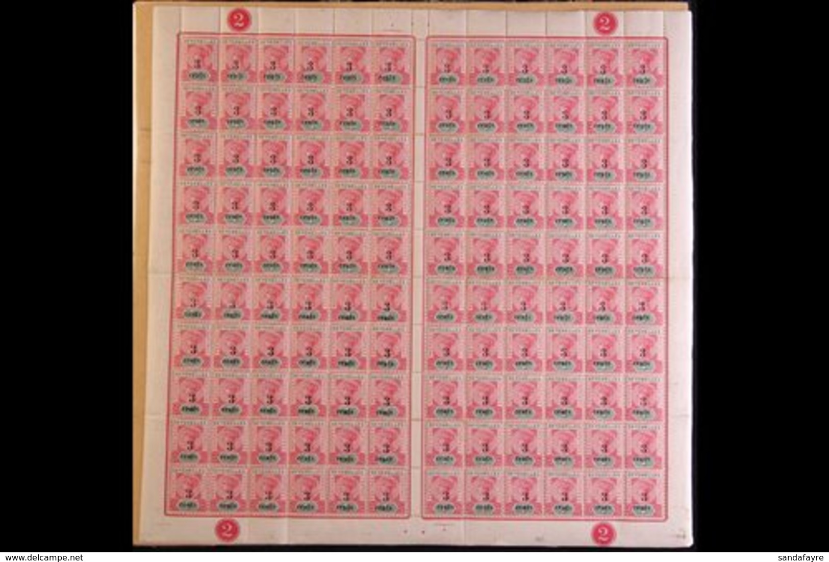 1893 COMPLETE SHEET 2c On 4c Carmine And Green, SG 15, A Scarce Sheet Of 120 Stamps From Plate "2" With Lower Left And L - Seychellen (...-1976)