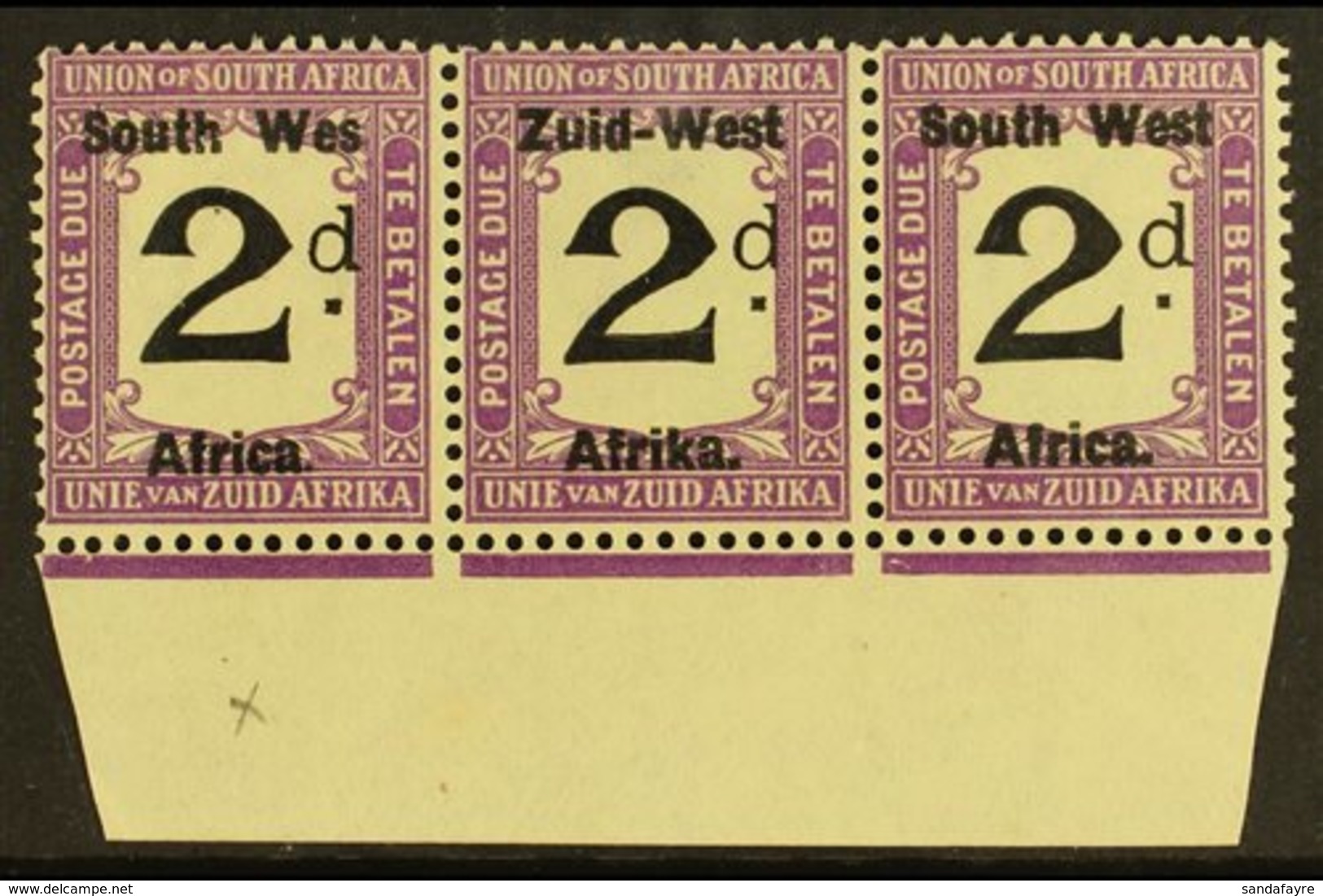 POSTAGE DUES 1923 2d Black And Violet, Marginal Strip Of 3, One Showing Variety "Wes For West", SG D3a, Very Fine NHM. F - Zuidwest-Afrika (1923-1990)