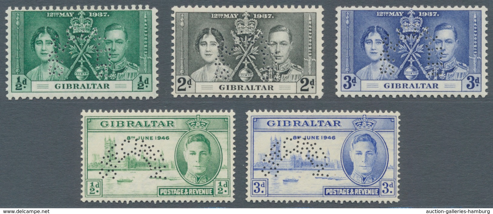 Gibraltar: 1937/1946, Coronation And Victory Issues Perforated 'SPECIMEN' Complete Sets Of Three (mi - Gibilterra