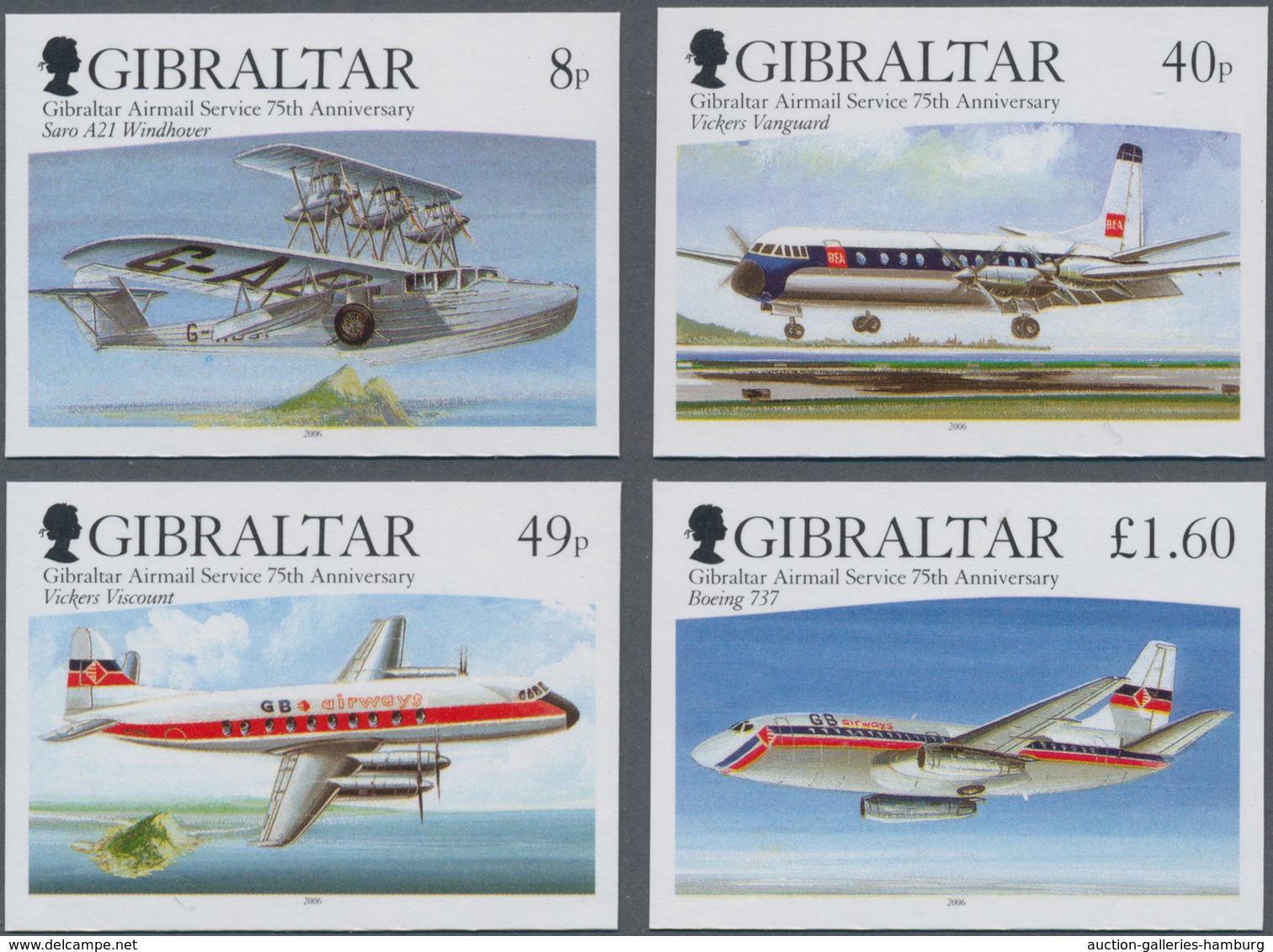 Gibraltar: 2006. Complete Set "75 Years Airmail Service Of Gibraltar" (4 Values) In IMPERFORATE Sing - Gibilterra