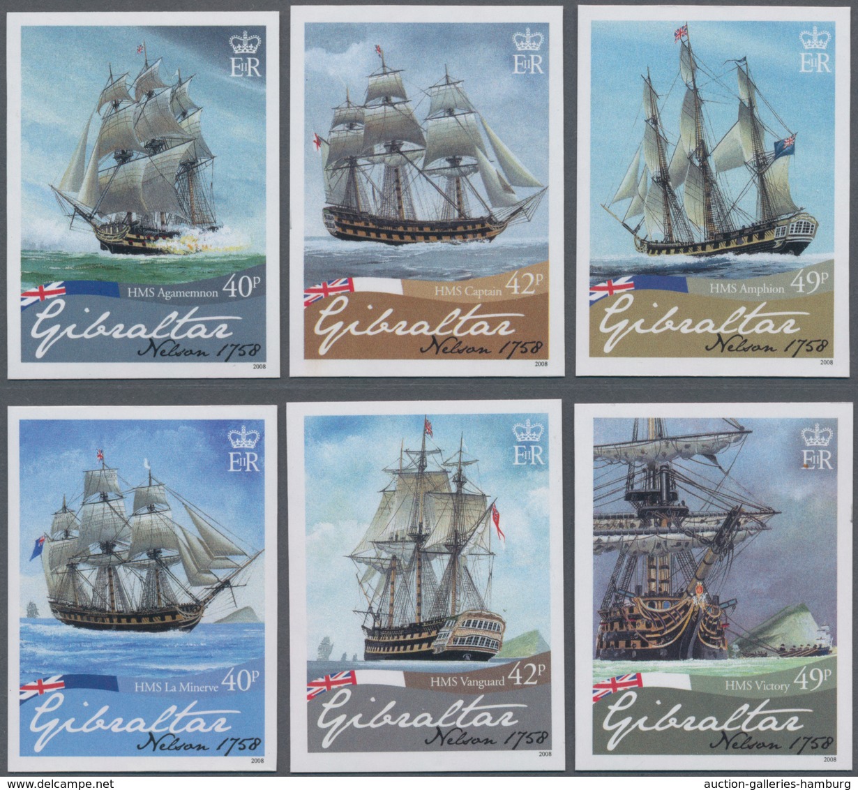 Gibraltar: 2008. Complete Set (6 Values) "250th Birthday Of Lord Horatio Nelson" In IMPERFORATE Sing - Gibilterra