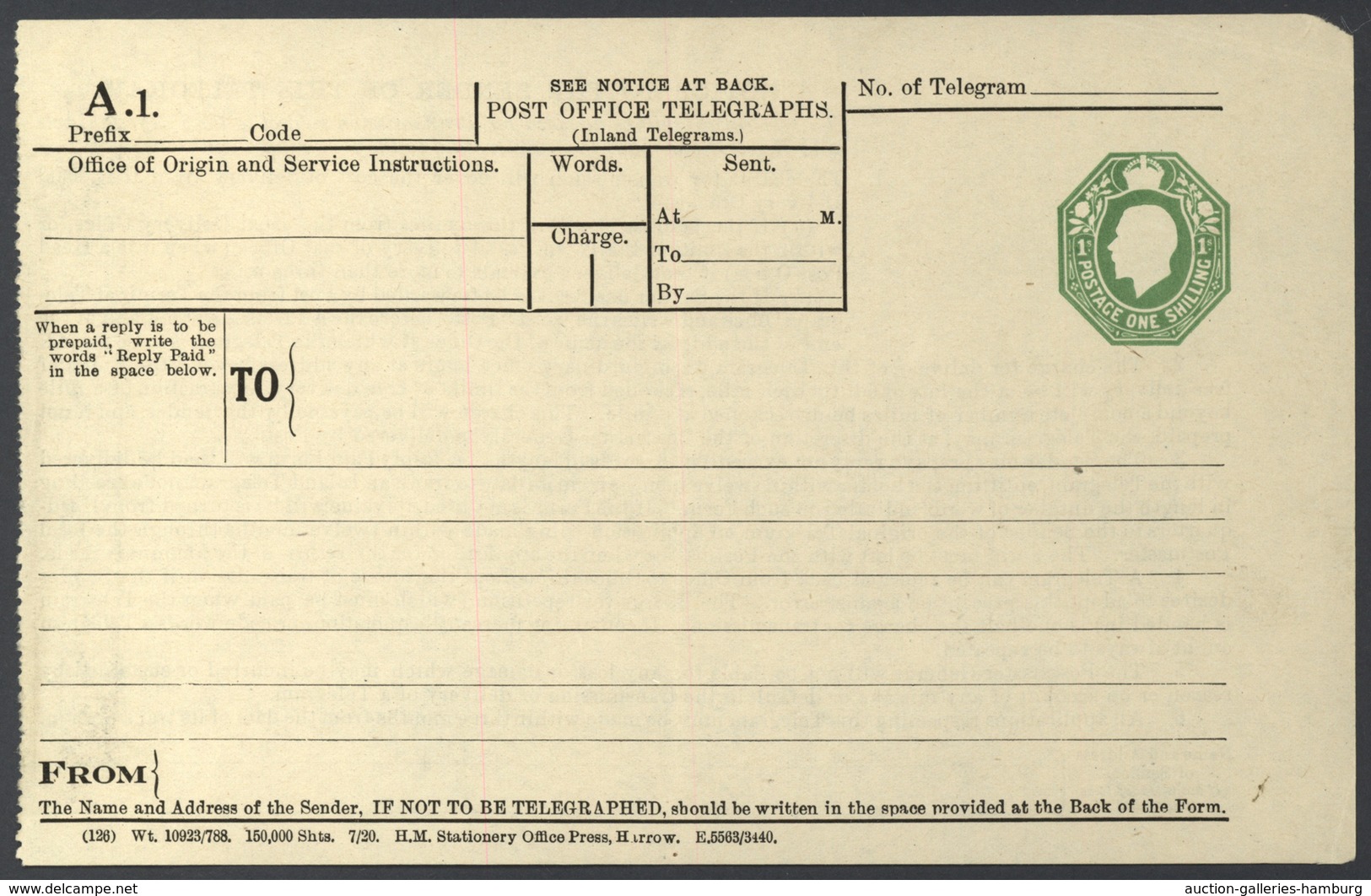 Irland - Ganzsachen: 1922, Postal Stationery Telegramm 1 Sh. Green (A 1), Unused, Central Vertical F - Interi Postali