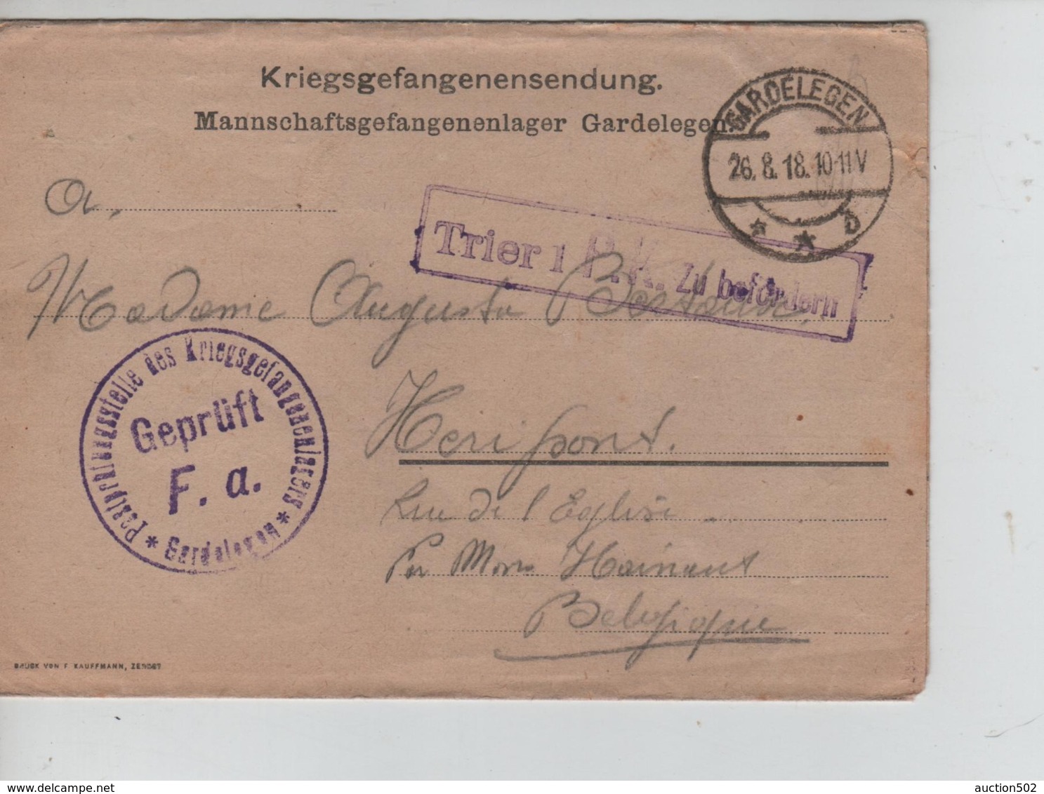 PR7501/ Lettre PDG-POW-KFS Camp De Gardelegen C.Gardelegen Geprüft F.a.+ Censure Trier > Henripont - Prisonniers