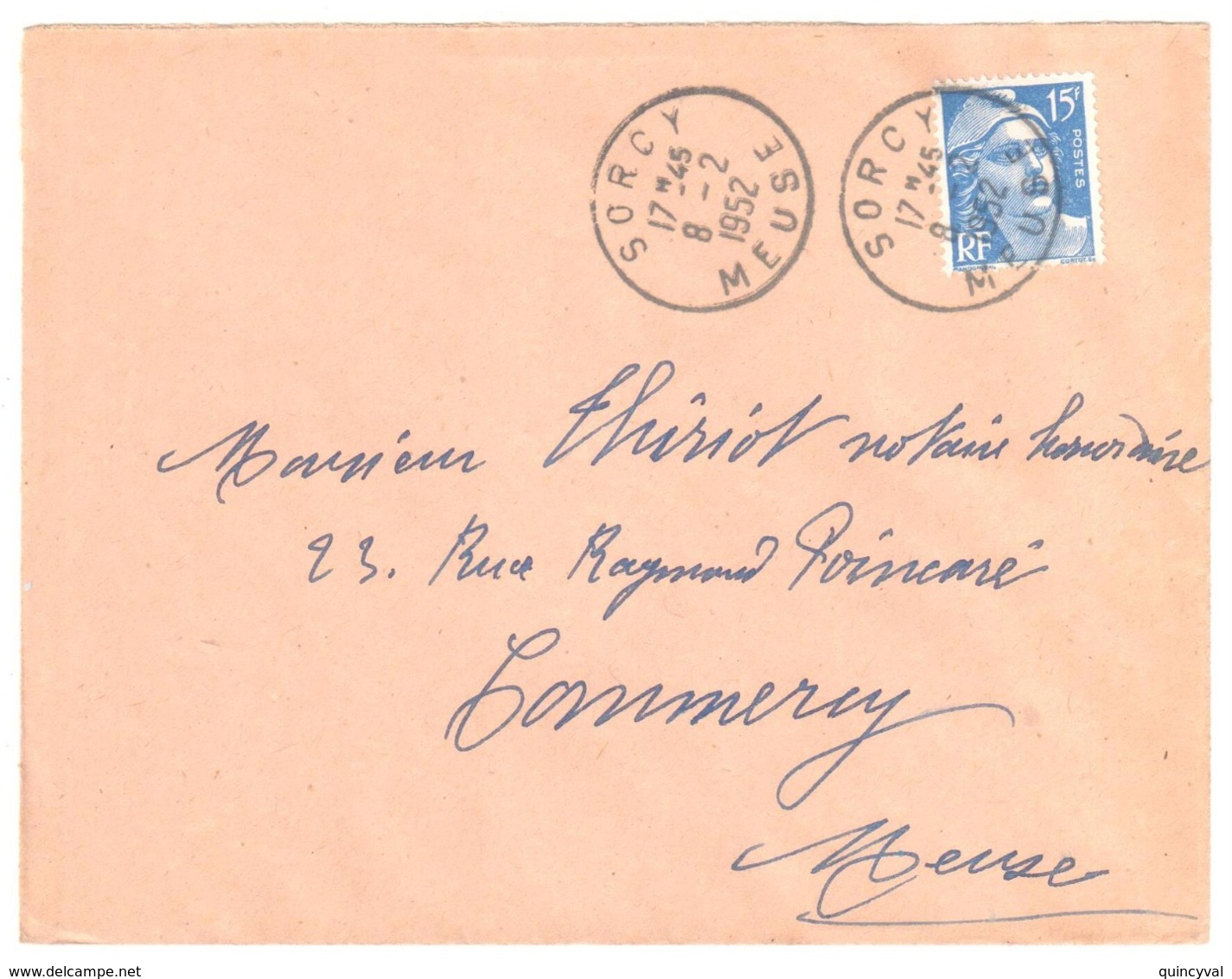 SORCY Meuse Lettre 15 F Gandon Bleu Yv 886 Ob 8 2 1952 - Lettres & Documents