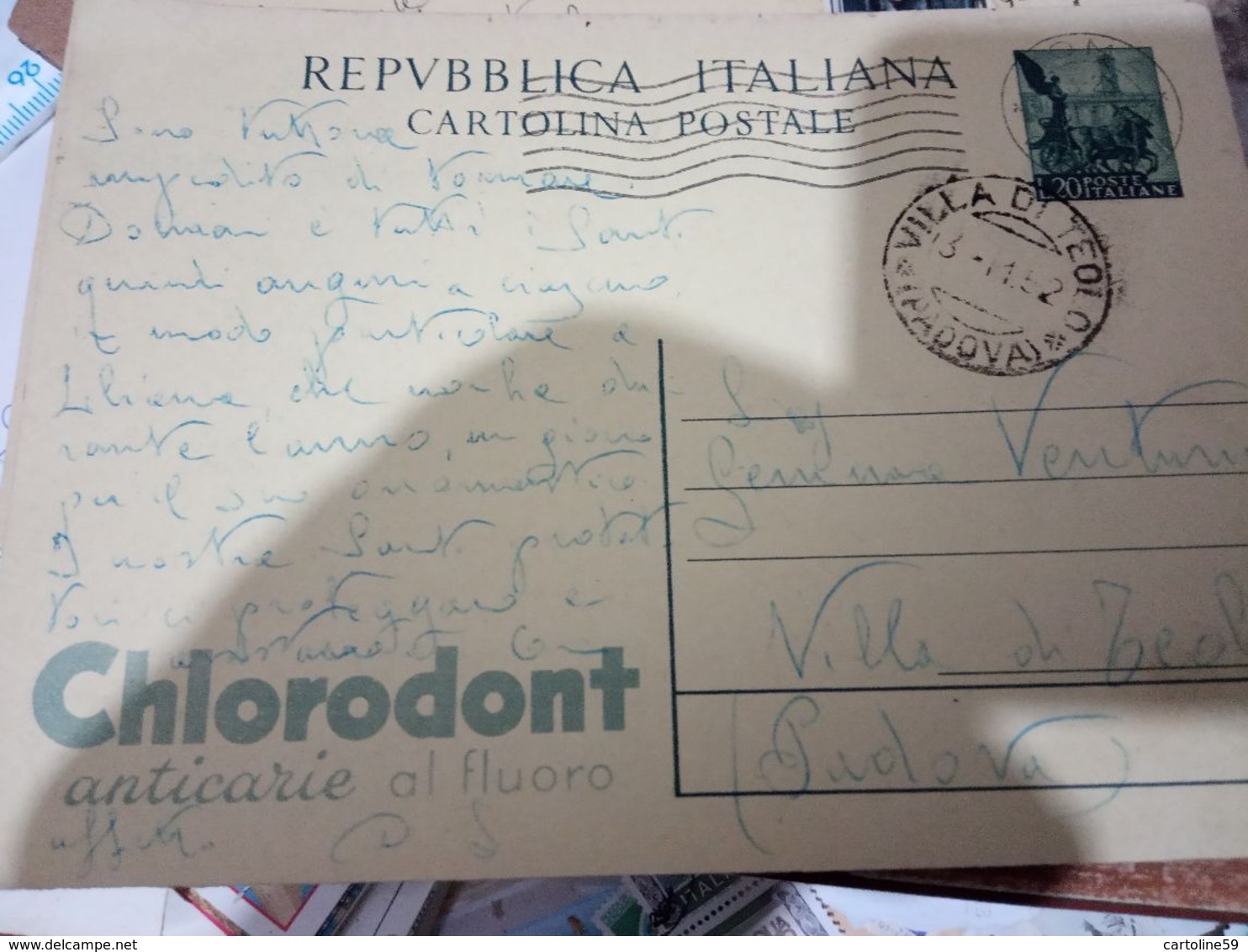 INTERO POSTALE L.20 QUADRIGA 1952 CHLORODONT D A VILLA DI TEOLO  PD   HF1197 - Ganzsachen