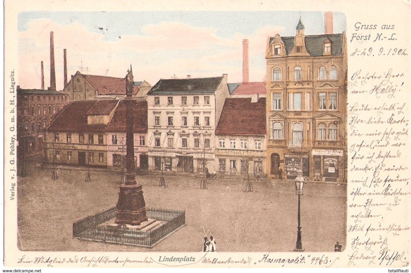 Gruß Aus FORST Lausitz Lindenplatz Vogelschau Col Belebt Kosmopolitverband Gelaufen 29.2.1902 - Forst