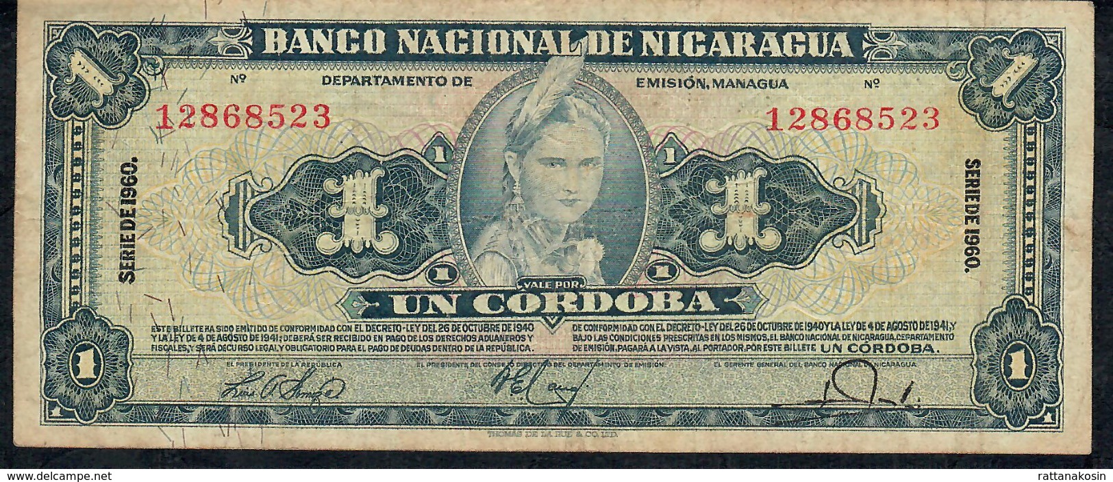 NICARAGUA P99c 1 CORDOBA 1960 AVF NO P.h. ! - Nicaragua