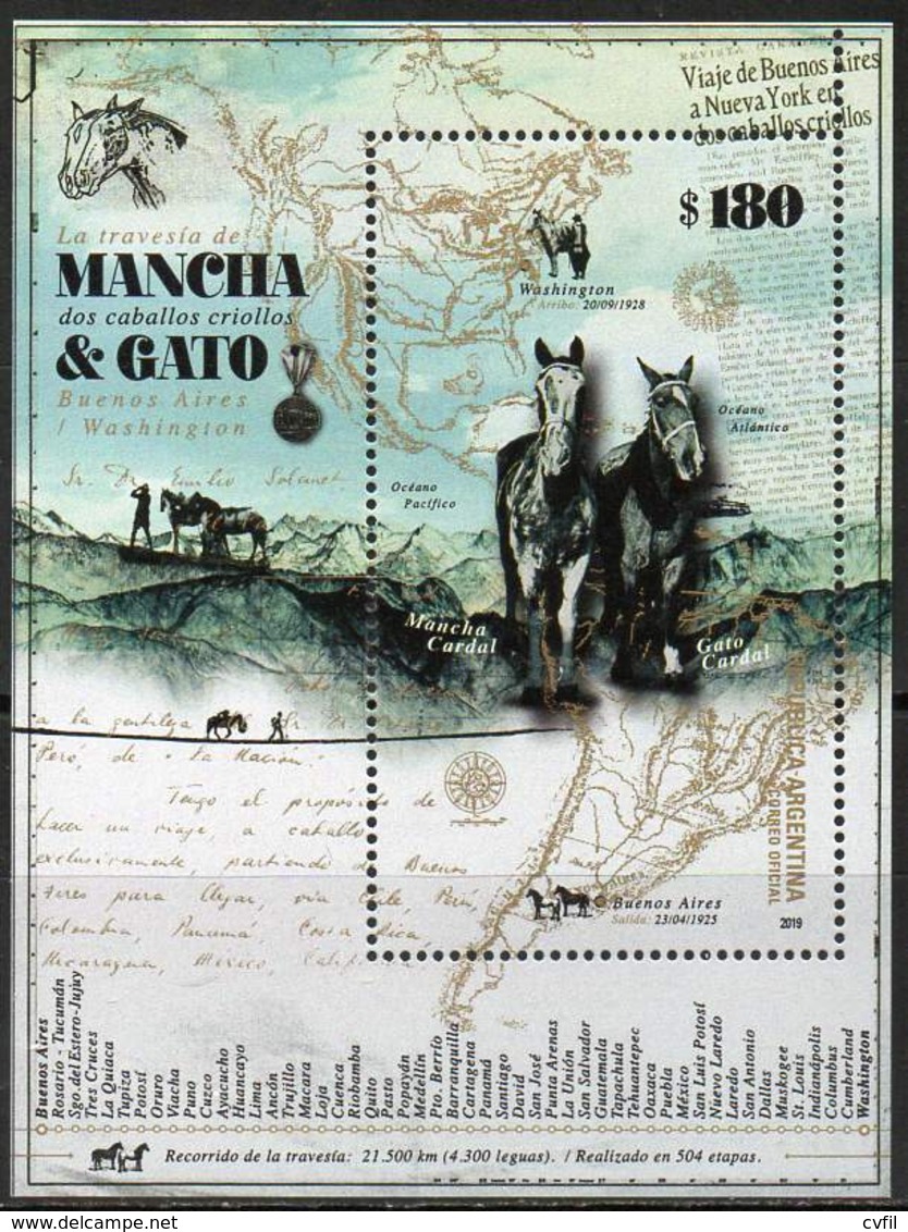 ARGENTINE 2019. Crossing Of Horses Mancha And Gato. Souvenir Sheet, Mint NH - Ungebraucht