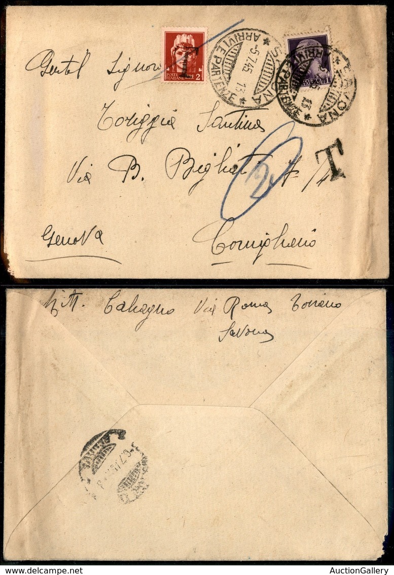 Regno - Uso Tardivo - 1 Lira (252A) + 2 Lire (255) Usato Come Tassa - Busta Da Savona A Conigliano Del 5.7.45 - Sonstige & Ohne Zuordnung