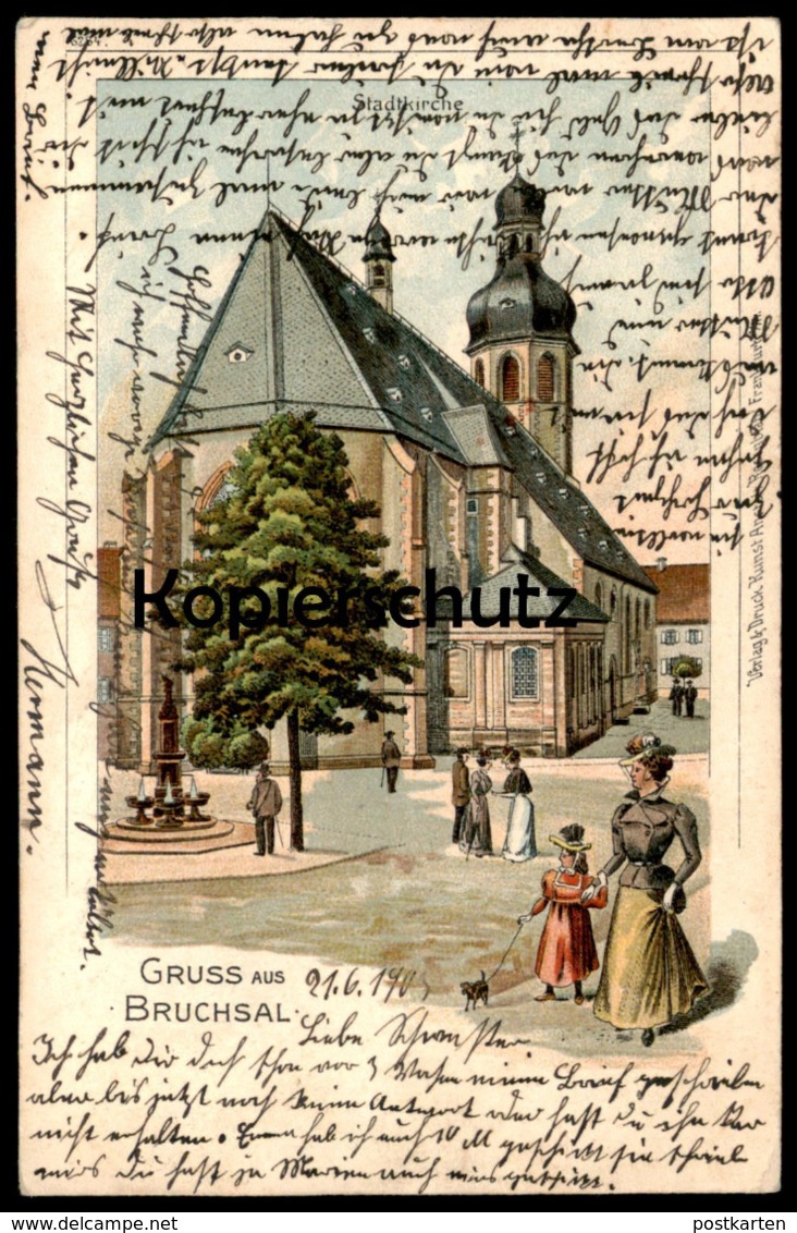 ALTE LITHO POSTKARTE GRUSS AUS BRUCHSAL STADTKIRCHE 1903 Church église Frau Hut Hund Kind Ansichtskarte AK Postcard Cpa - Bruchsal