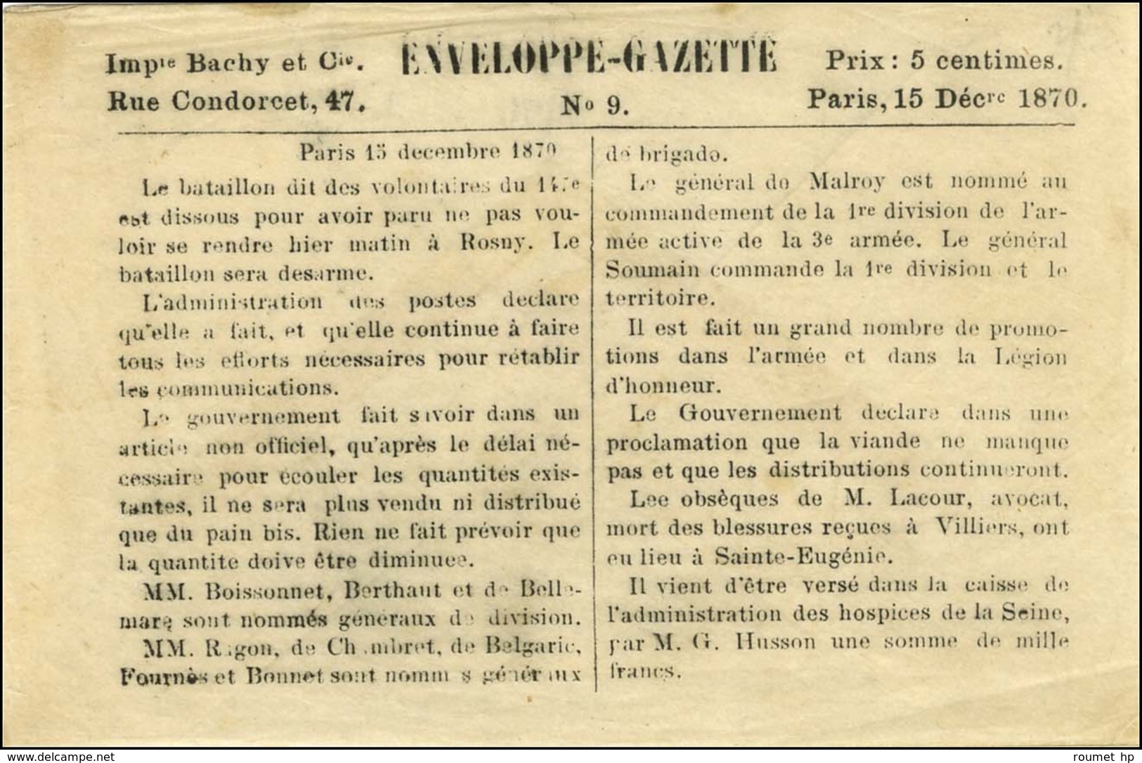 Enveloppe Gazette N° 9 Neuve. - TB / SUP. - Krieg 1870