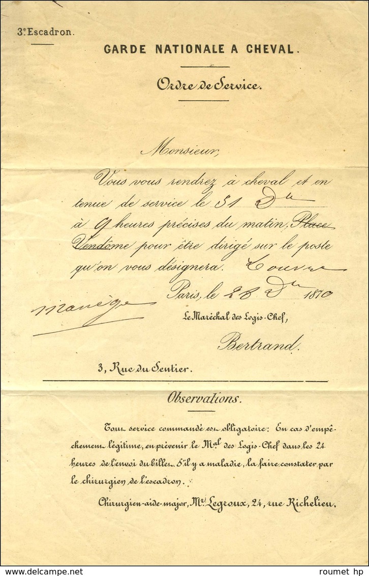 Càd PARIS / R. DE CLERY 28 DEC. 70 Sur Lettre (en Tête ' Billet De Garde ') Avec Texte De La Garde Nationale à Cheval Ad - Guerra De 1870