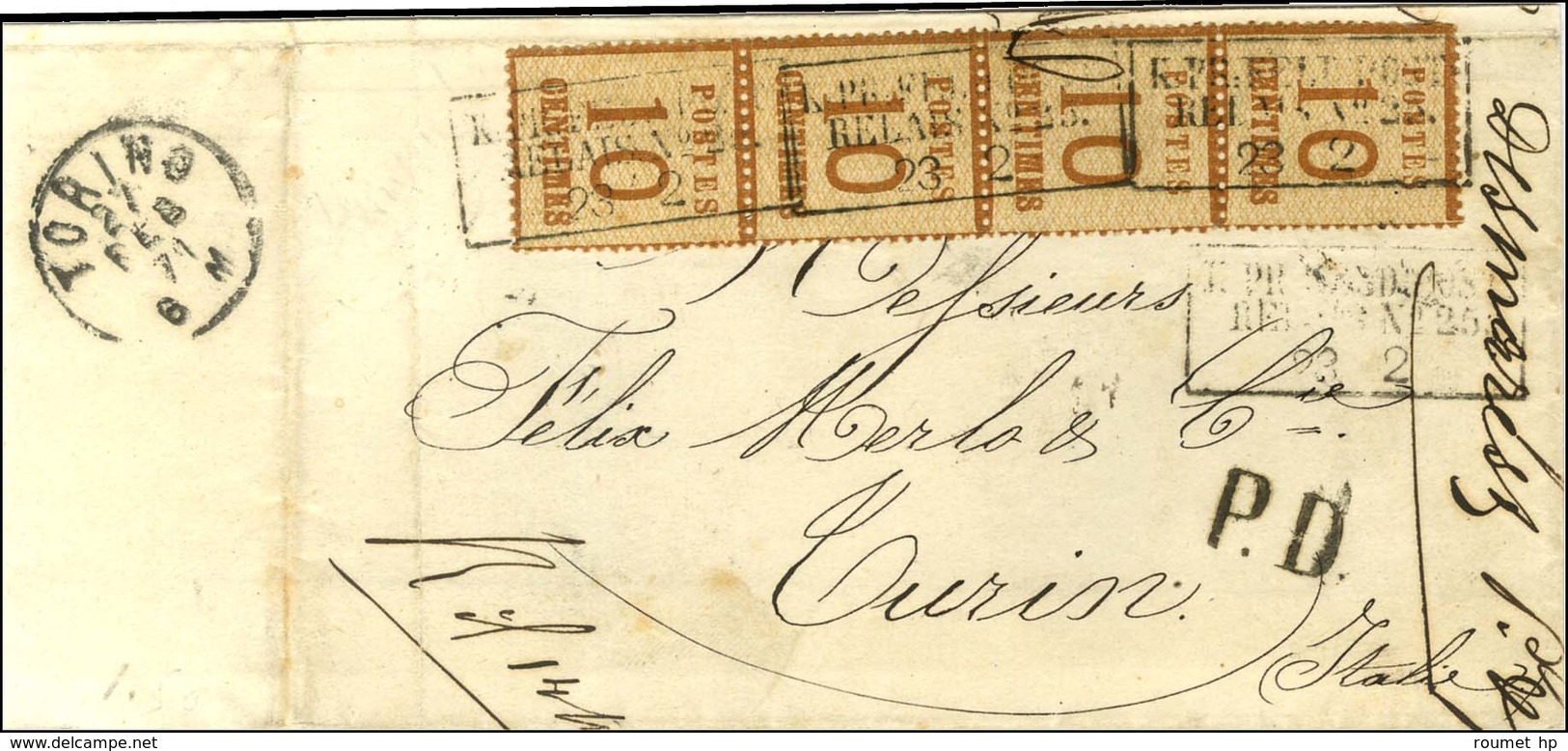 Cachet Encadré KPR:FELDPOST / RELAIS N° 25 / Als. N° 5 Bande De 4 Sur Lettre Datée De Reims Pour Turin. 1871. - TB. - R. - Guerra De 1870