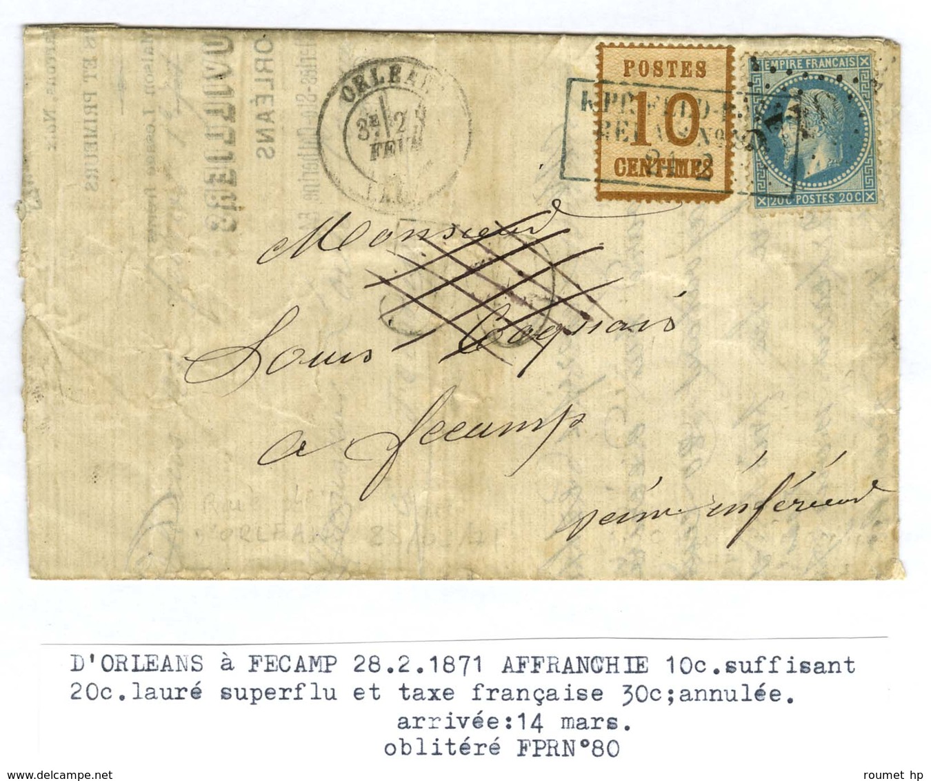 Cachet Encadré Bleu KPR FELDPOST / RELAIS N° 80 / Alsace N° 5 + GC 2740 / N° 29 Càd T 17 ORLEANS (43) 28 FEVR. 71 Taxe 3 - Guerra De 1870