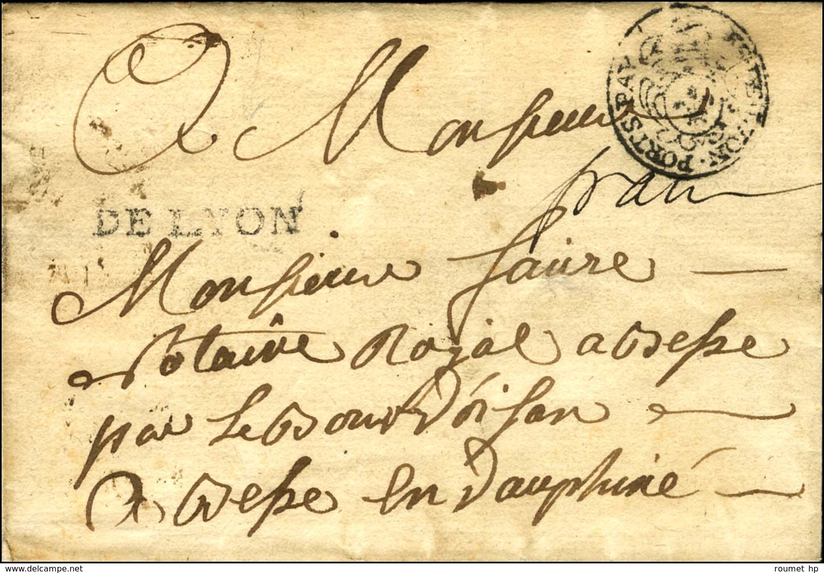 Marque Postale Ornée ES DE LYON. PORTS. PAY (L N° 21) Sur Lettre Sans Texte Pour Bourg D'oisan. - TB / SUP. - 1701-1800: Precursors XVIII