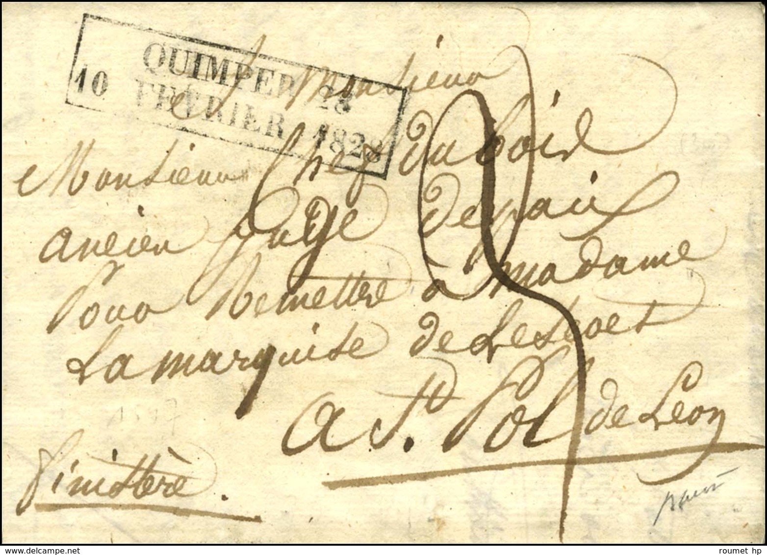 Cachet D'essai Encadré De Février 28 : QUIMPER 28 / 10 FEVRIER 1828 (Cote : 5500). - SUP. - RRR. - 1801-1848: Precursores XIX