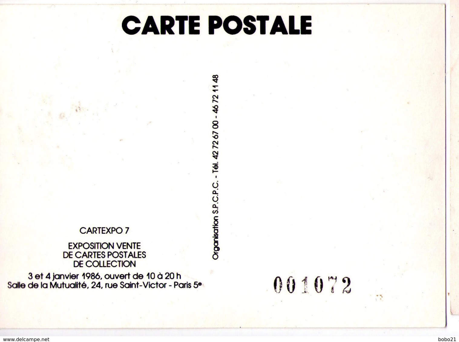 5746 - Carte-Expo 7 - ( Expo-vente De C.P. De Collection ) - ( 3 & 4 Janvier 1986 ) - C.P. Numérotée : 001072 - - Inaugurations