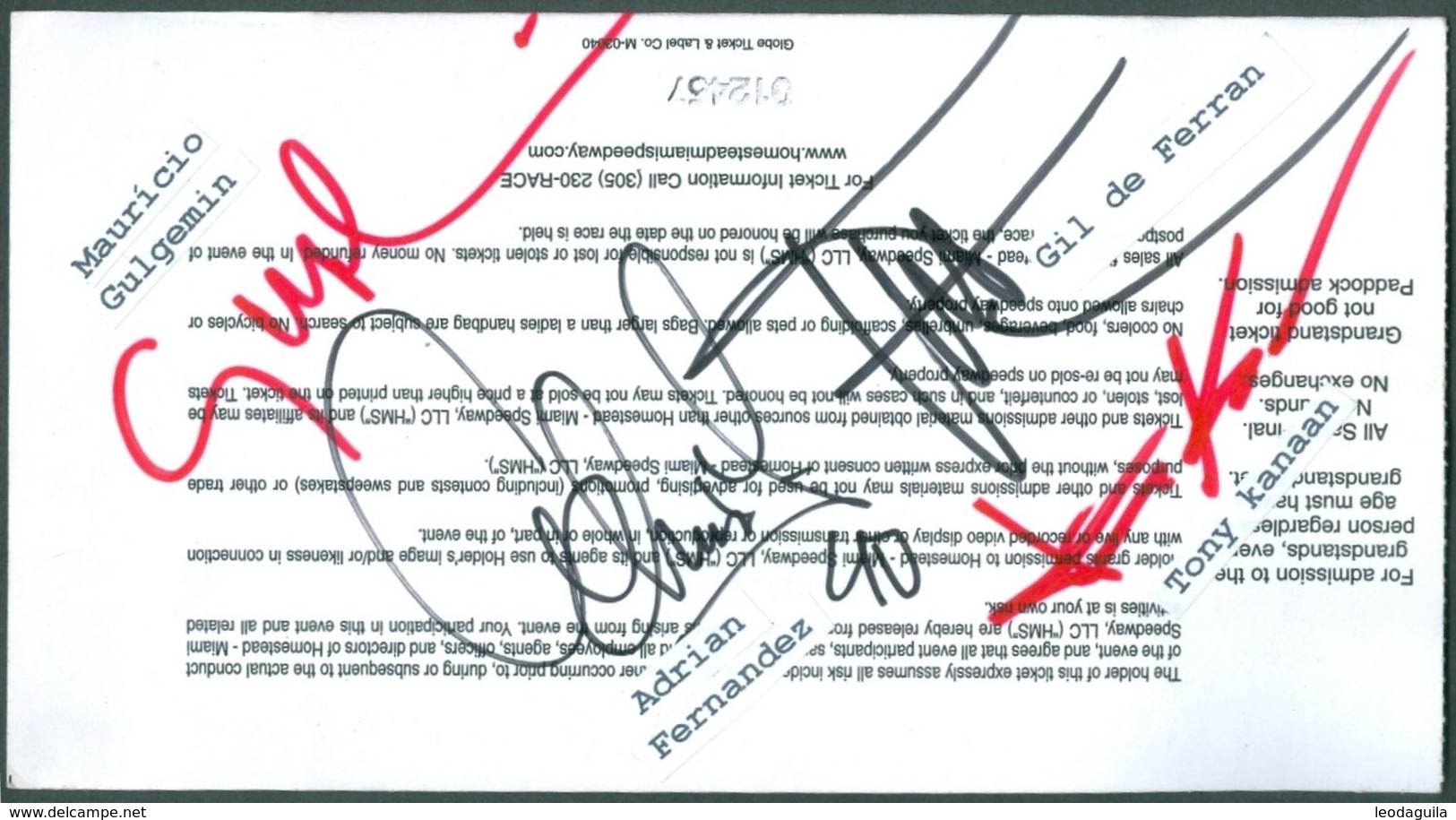 CART RACING - HOMESTEAD 2000  - RACE DAY TICKET AUTHOGRAPHS OF  TONY KANAAN - GULGELMIM - ADRIAN FERNANDEZ -  GIL - Handtekening