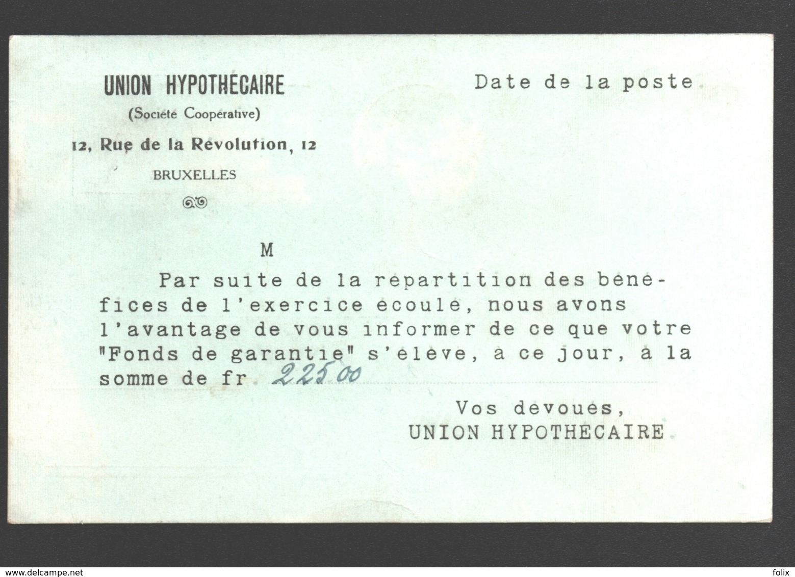 Union Hypothécaire - Fonds De Garantie - 1928 - Carte Postale - Banco & Caja De Ahorros