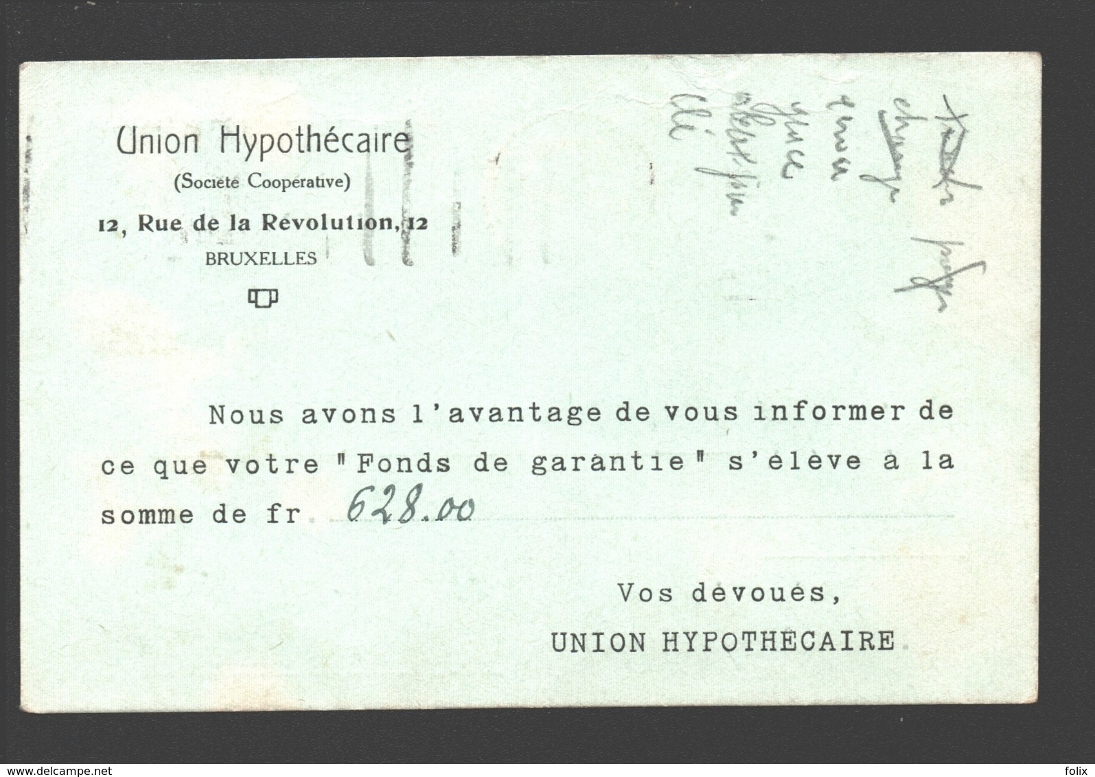 Union Hypothécaire - Fonds De Garantie - 1930 - Carte Postale - Bank & Insurance