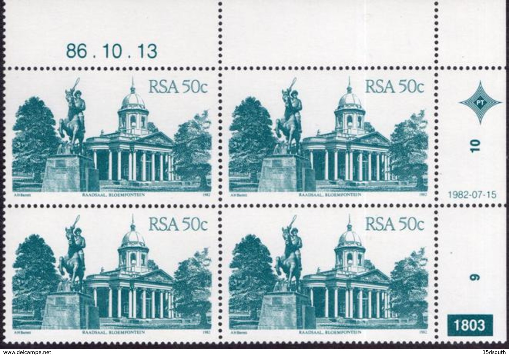 South Africa - 1982 Architecture Definitive 50c Control Block 1803 86.10.13 (**) # SG 525b - Blokken & Velletjes