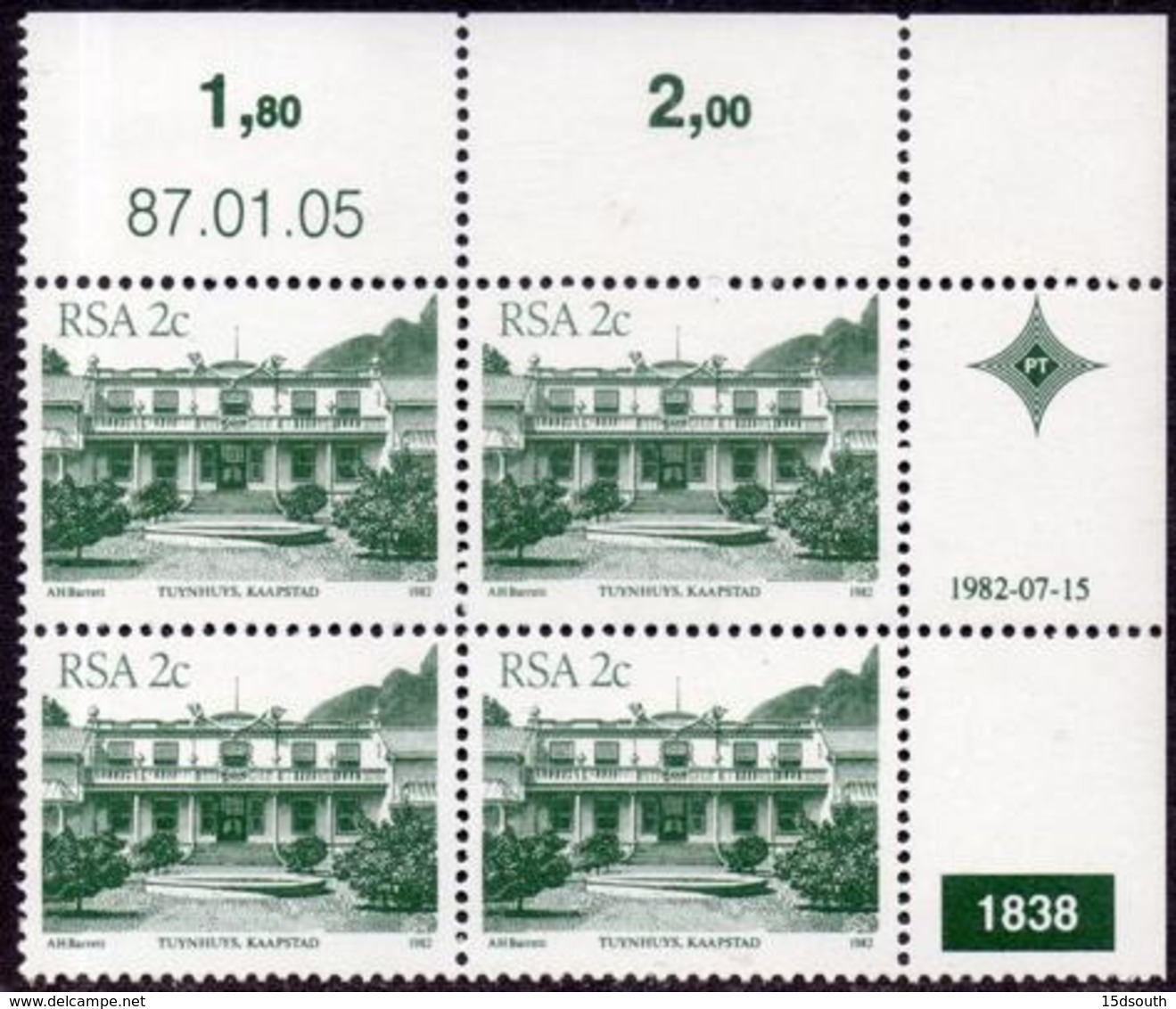 South Africa - 1982 Architecture Definitive 2c Reprint Control Block 1838 87.01.05 (**) # SG 512c - Blokken & Velletjes