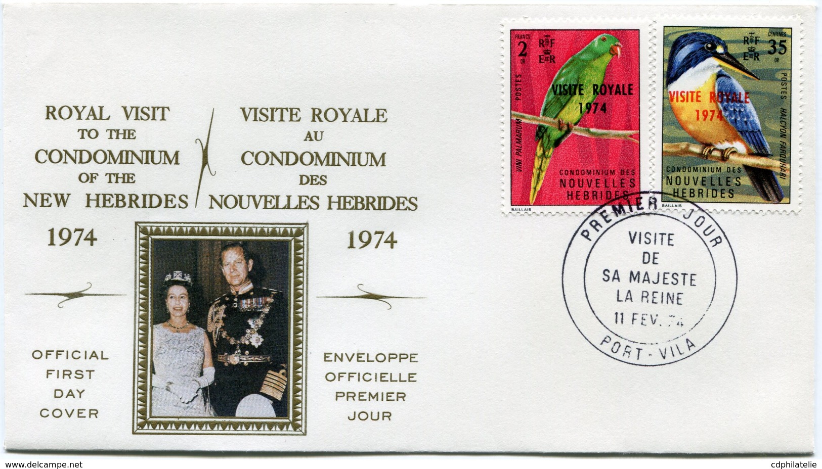 NOUVELLES-HEBRIDES ENVELOPPE 1er JOUR DES N°386/387 VISITE ROYALE OBLITERATION PORT- VILA 11 FEV 74 - FDC