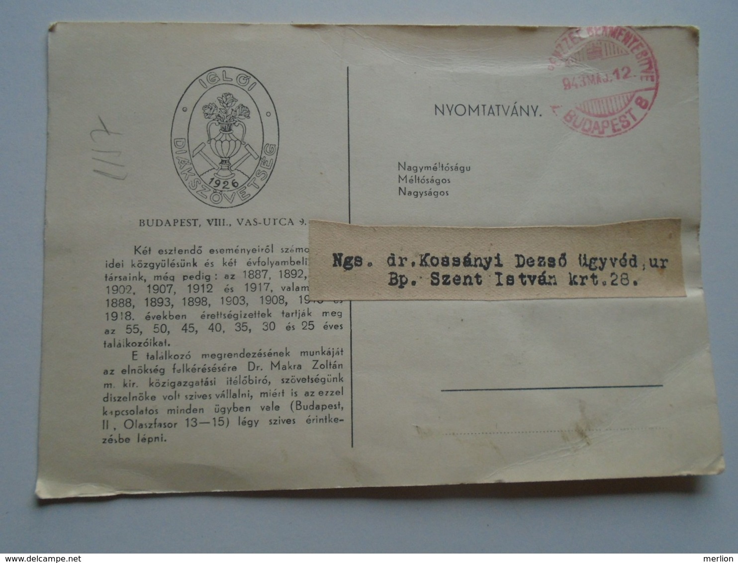 D168933 Hungary  Budapest   Igló - Meghívó - Iglói Diákszövetség 1943  - Spišská Nová Ves / Zipser Neudorf (Slovakia) - Other & Unclassified