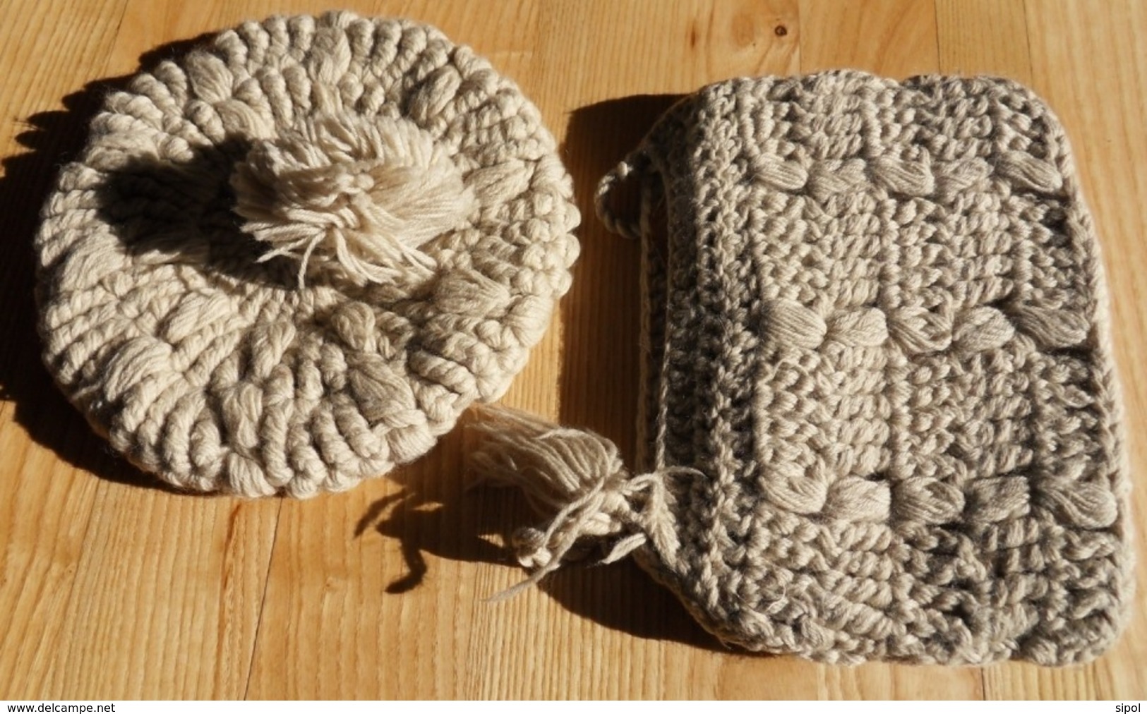 Ensemble Sac à Main Et Béret Au Crochet  En Laine Grège - Wolle