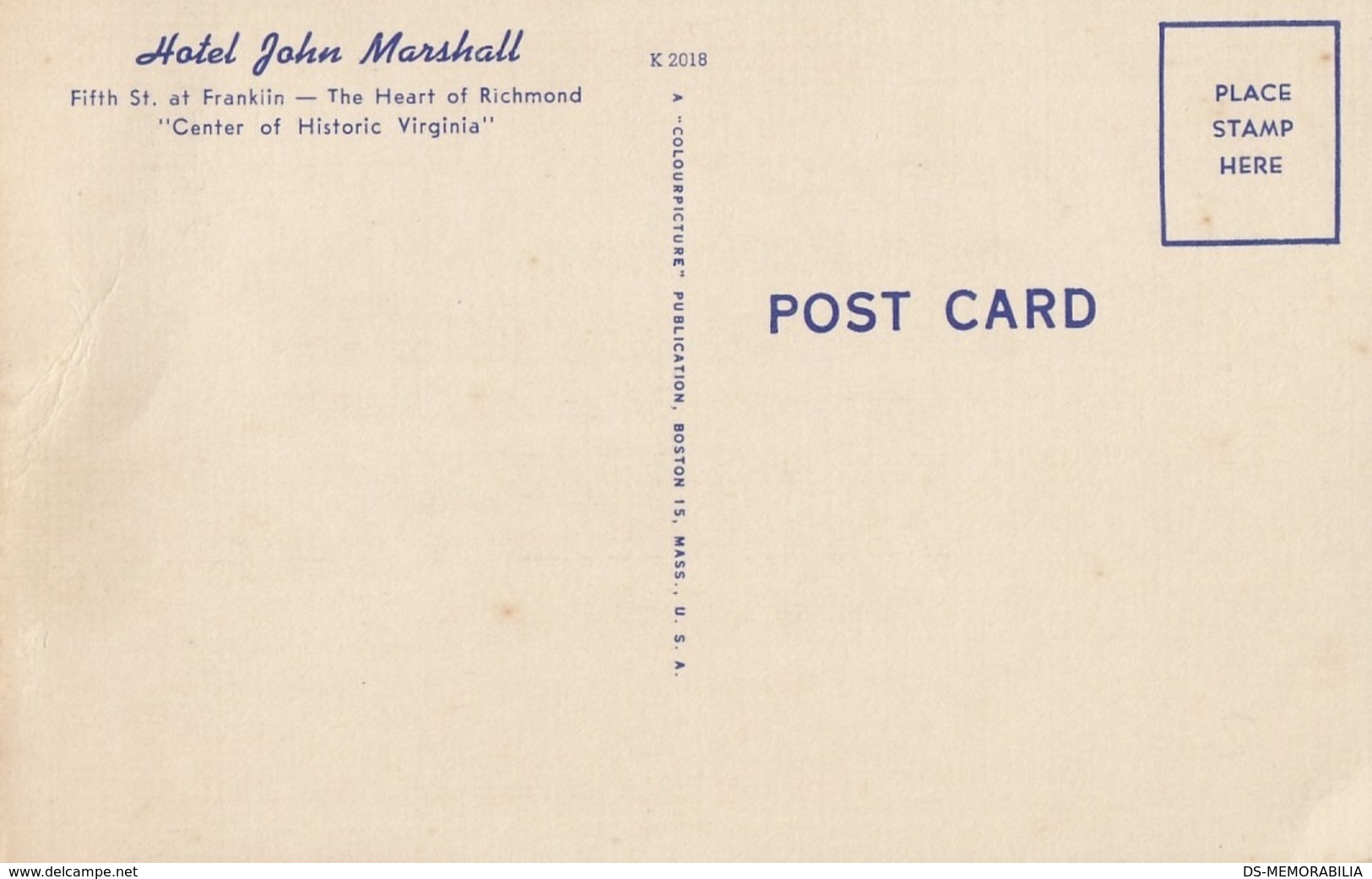 Richmond VA - Hotel John Marshall Postcard - Richmond