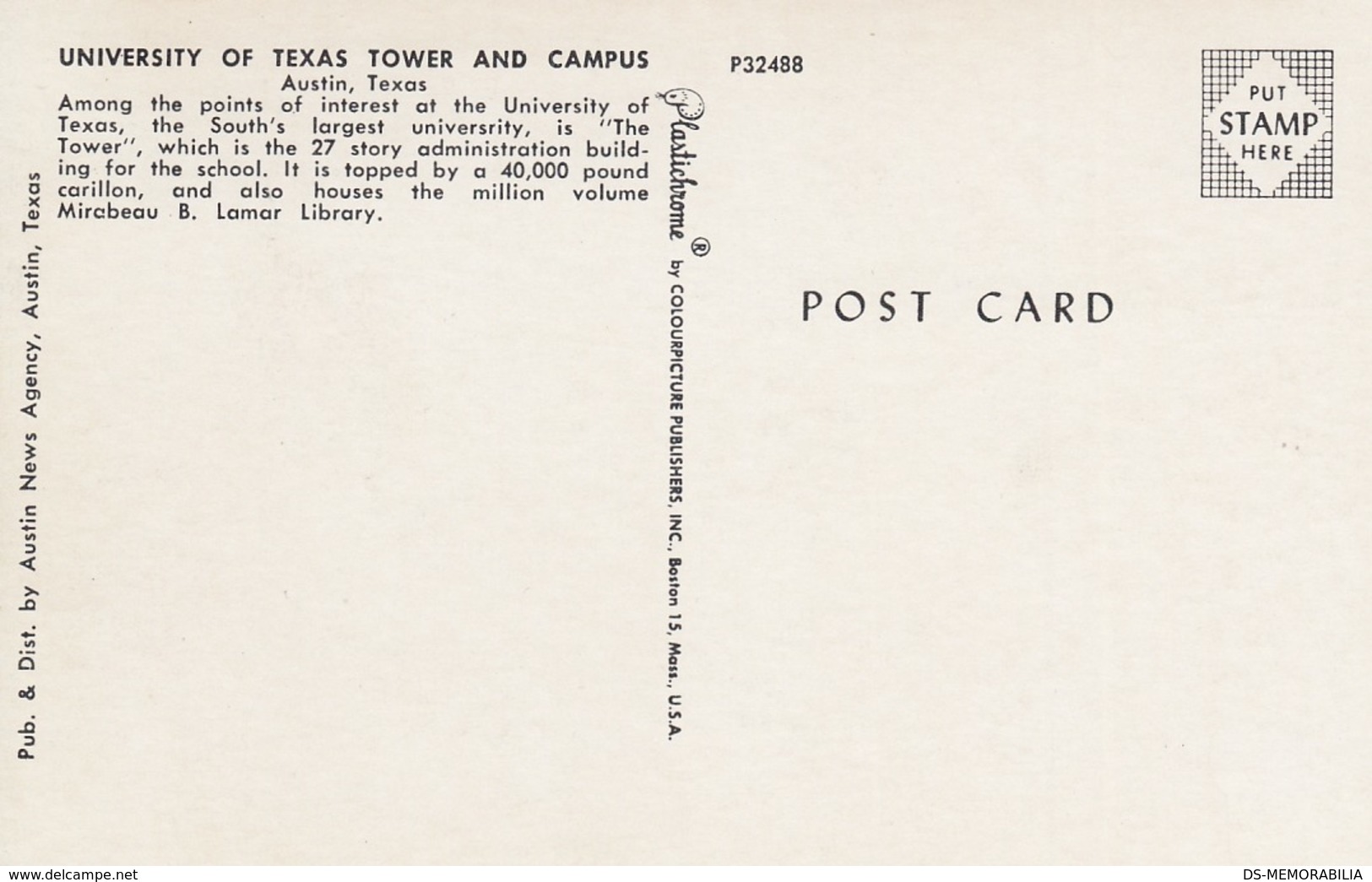 AUSTIN TX - UNIVERSITY OF TEXAS TOWER AND CAMPUS POSTCARD - Austin