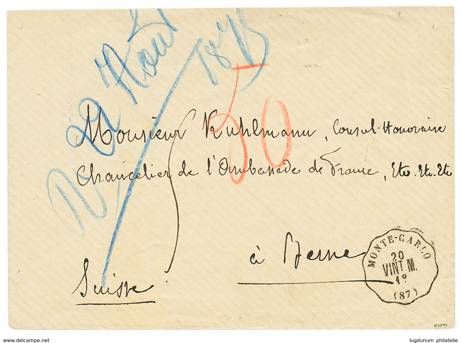 1875 Cachet Convoyeur MONTE-CARLO/VINT.M + Taxe 50 Sur Enveloppe Pour La SUISSE. RARE. Superbe. - Other & Unclassified