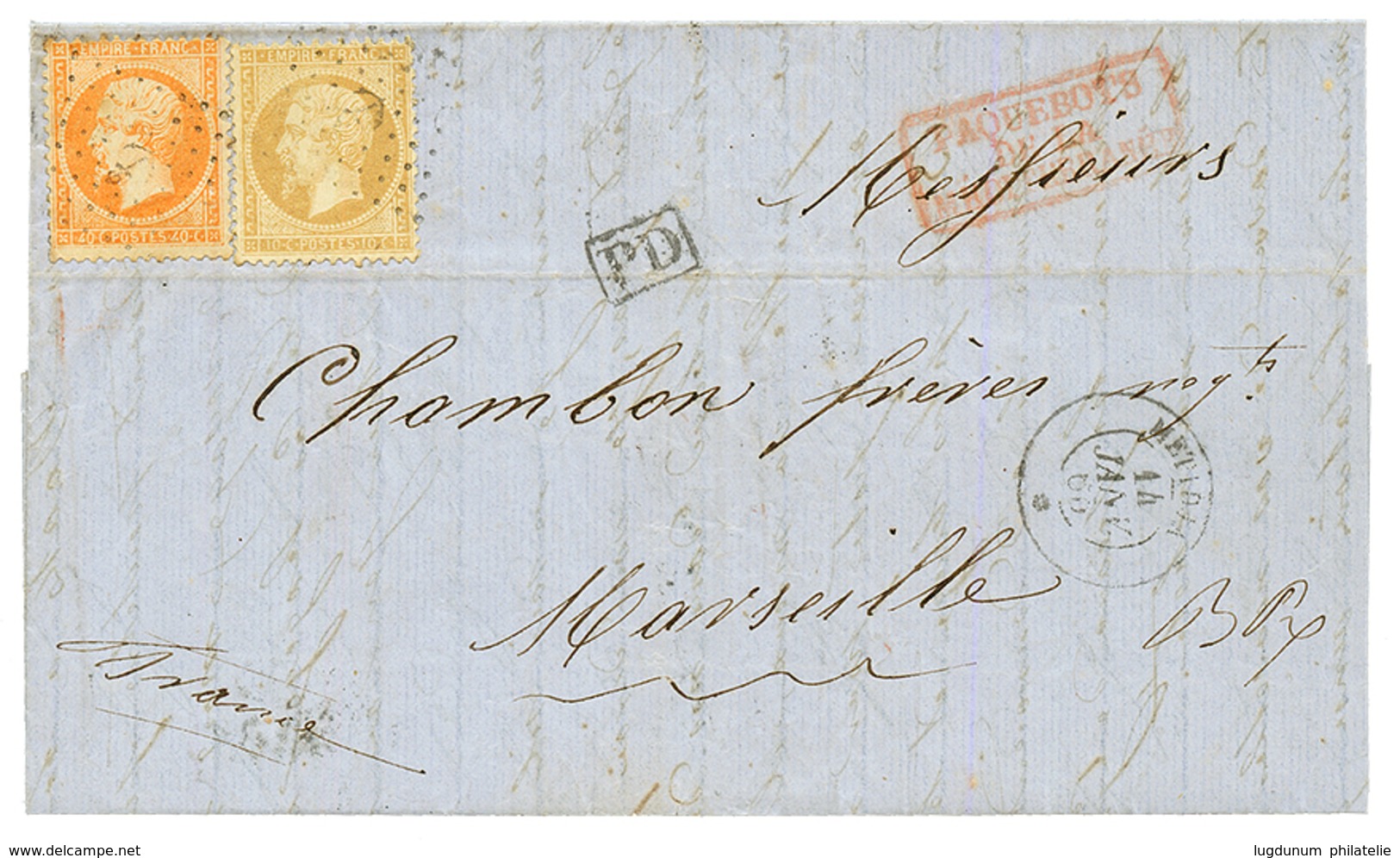 "METIDJA" : 1865 10c(n°21) + 40c(n°16) Obl. Ancre + Cachet Rarissime Du Paquebot METIDJA 14 Janv 65 Sur Lettre Avec Text - Maritime Post