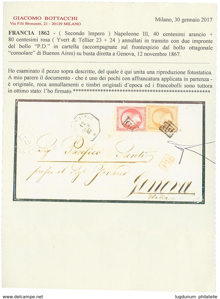 1867 40c + 80c Obl. Cachet PD Encadré + BUENOS-AYRES Sur Enveloppe Pour L' ITALIE. Signé CALVES + Certificat BOTTACCHI.  - Maritime Post