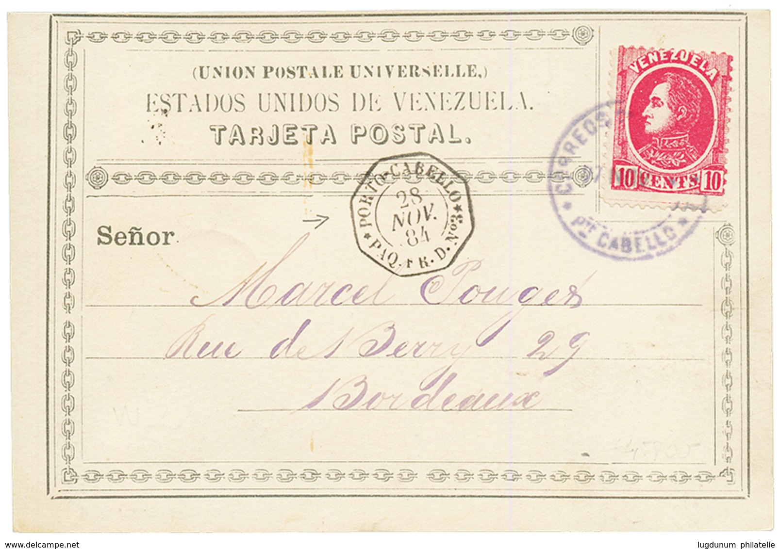 1884 VENEZUELA 10c + Cachet Rare PORTO-CABELLO PAQ FR. D N°3 Sur Carte U.P.U Pour La FRANCE. Superbe. - Maritime Post