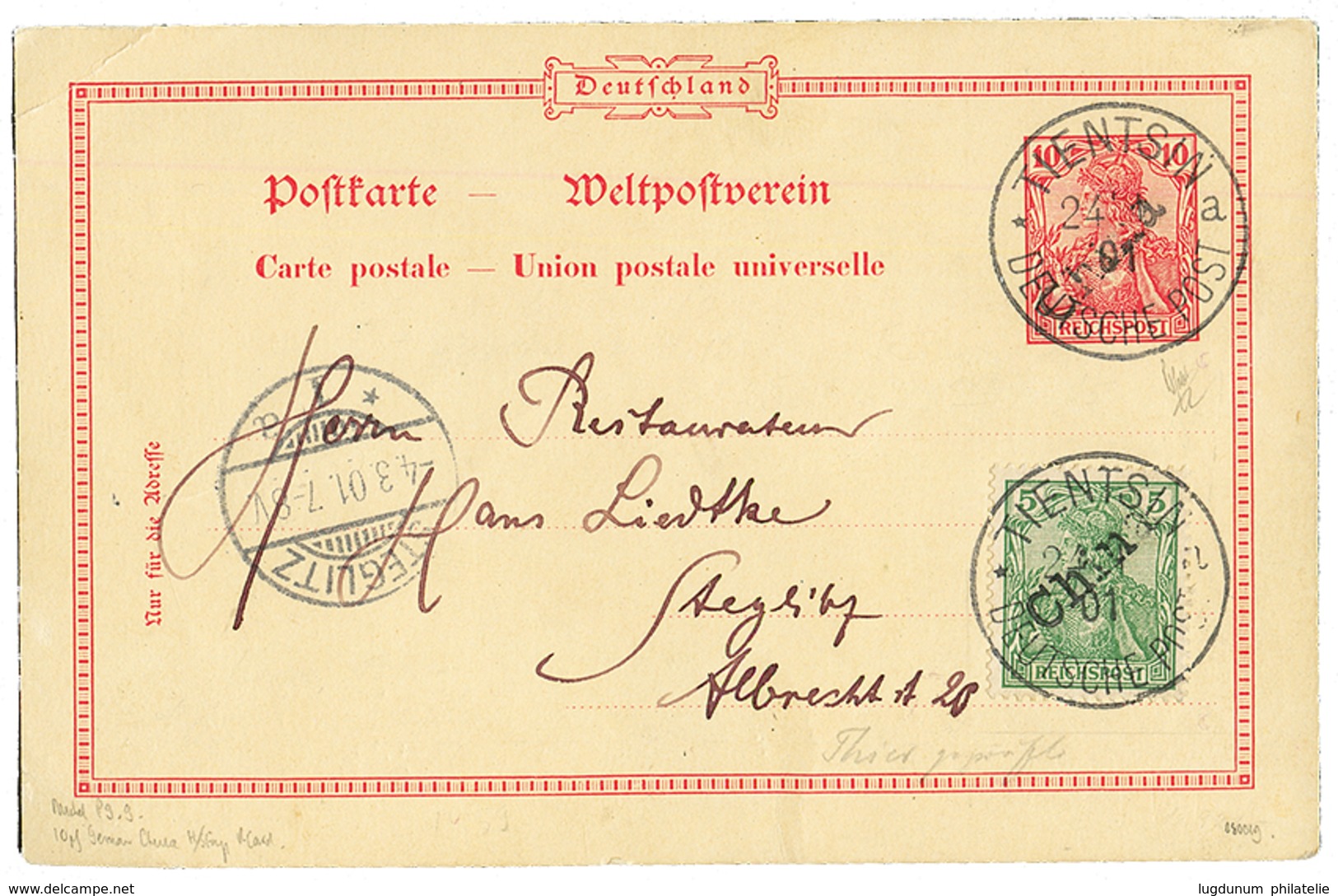 "TIENTSIN PROVISIONAL Handstamp" : 1901 P./Stat 10pf Overprint CHINA + 5pf Overprint CHINA Canc. TIENTSIN To GERMANY Wit - China (offices)