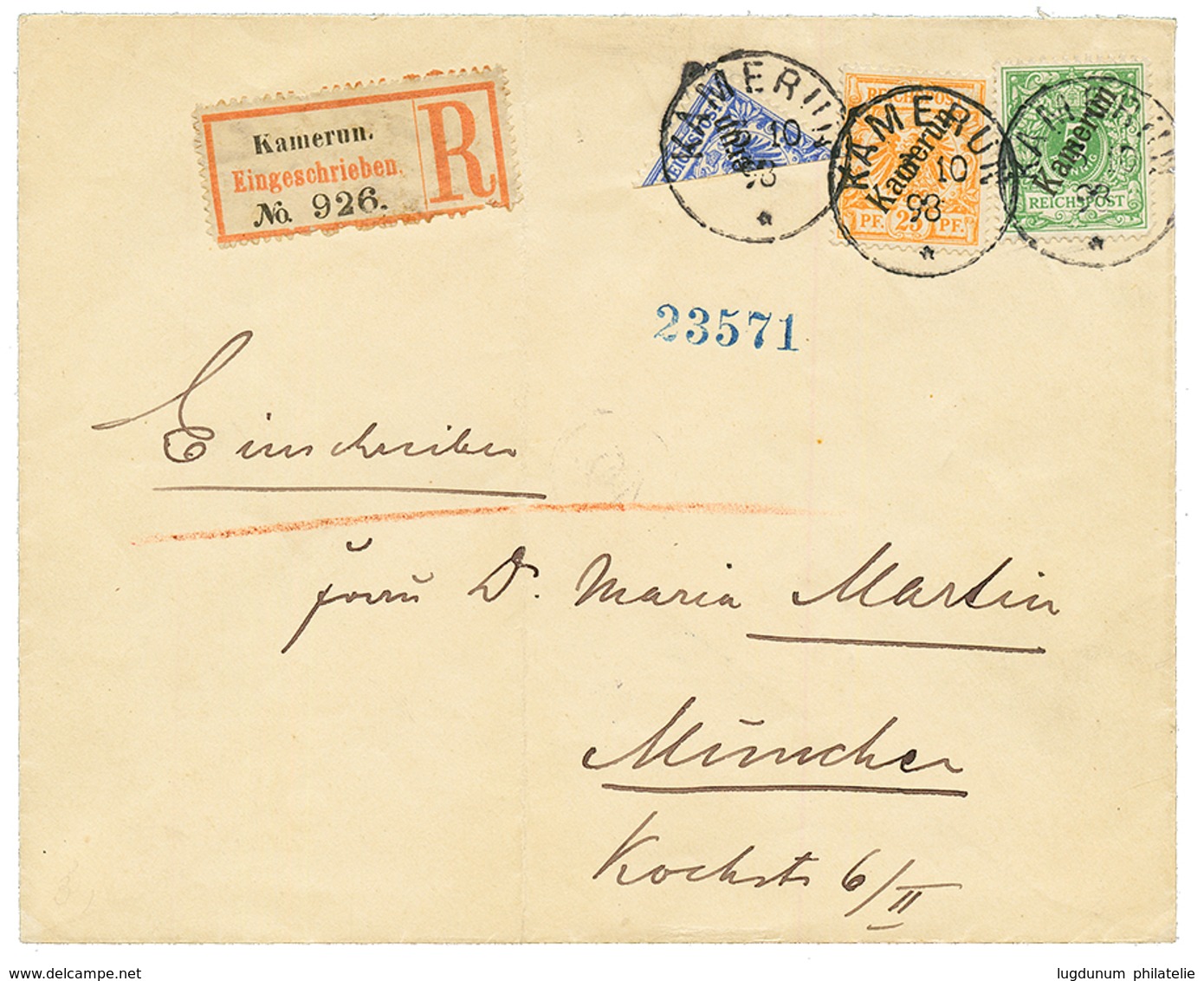 1898 Bisect 20pf (n°4H) + 5pf (n°2) + 25pf (n°5I) Canc. KAMERUN3.10.98 On REGISTERED Envelope To MUNCHEN. Michel = 20 00 - Cameroun