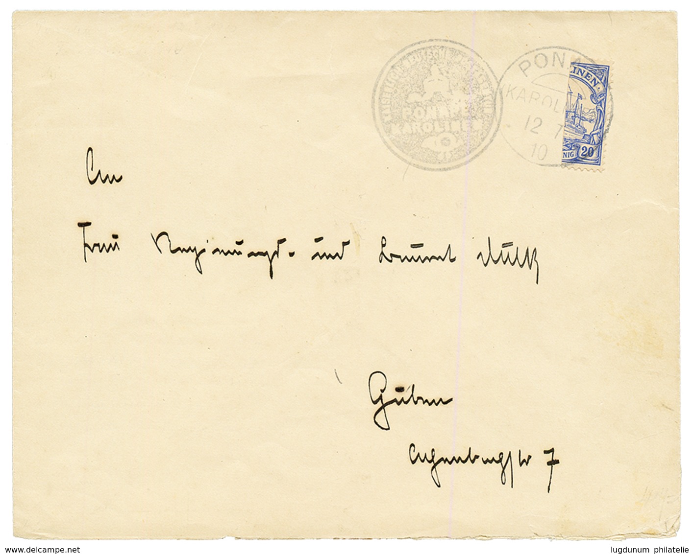 CAROLINES ISLANDS : 1910 Bisect 20pf (n°10H) Canc. PONAPE On Envelope To GERMANY. BOTHE Certificate (1981). RARE. MICHEL - Caroline Islands