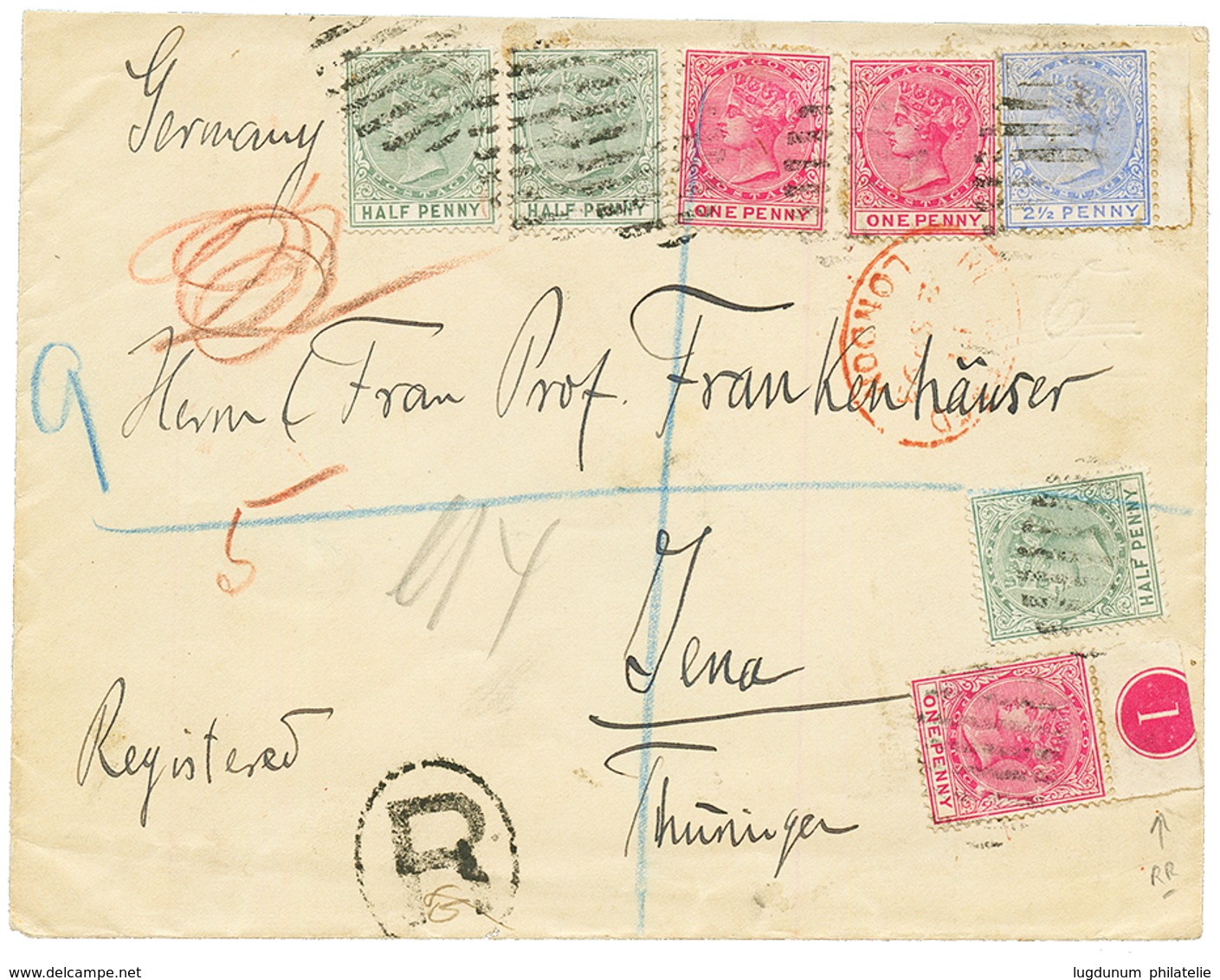 LAGOS : 1893 1/2d (x3) + 1d (x3) + 2 1/2d On REGISTERED Envelope From LAGOS To GERMANY. Rare 3 Color Franking. Vf. - Other & Unclassified